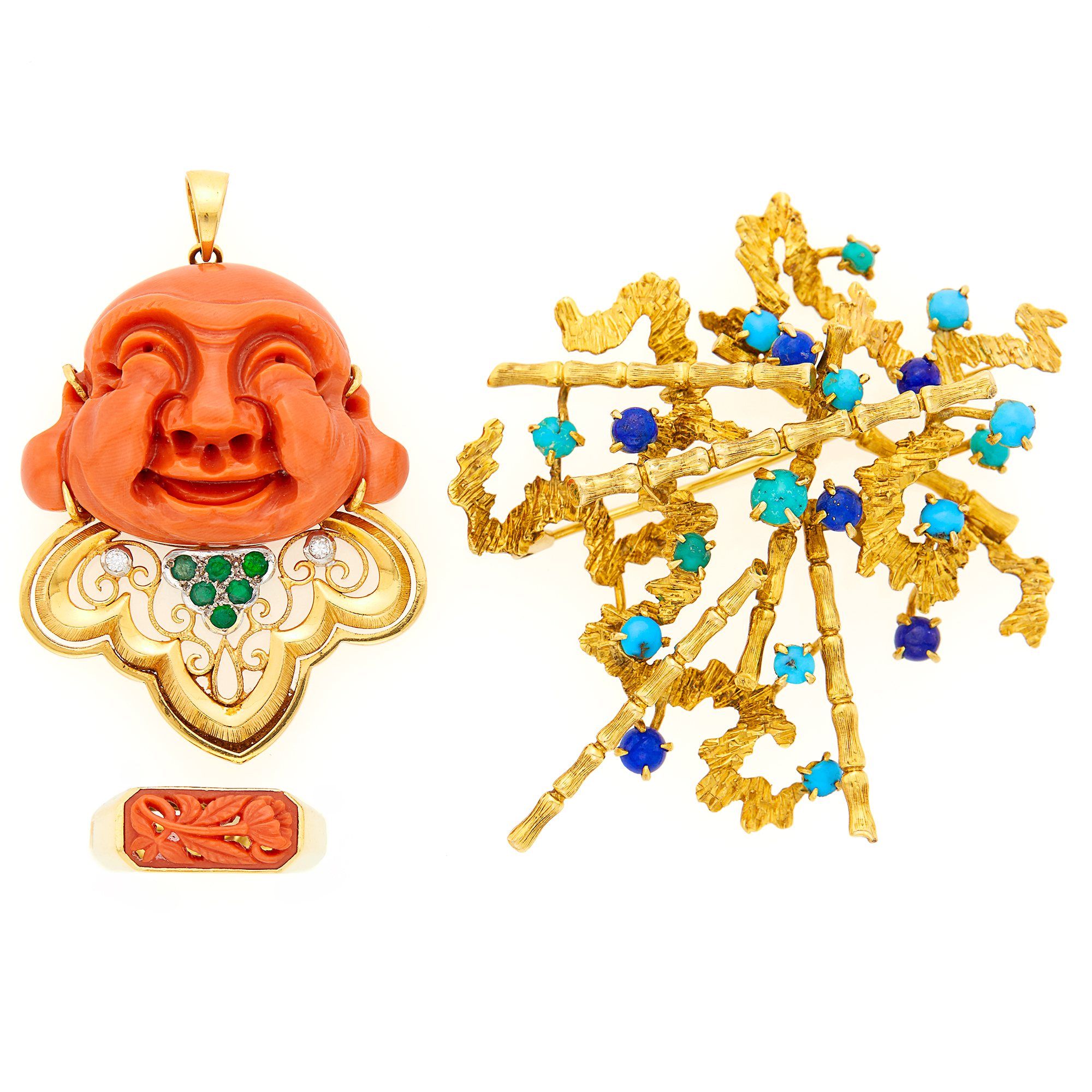 Lot image - Gold, Carved Coral, Emerald and Diamond Pendant and Carved Coral Ring, and Turquoise and Lapis Brooch