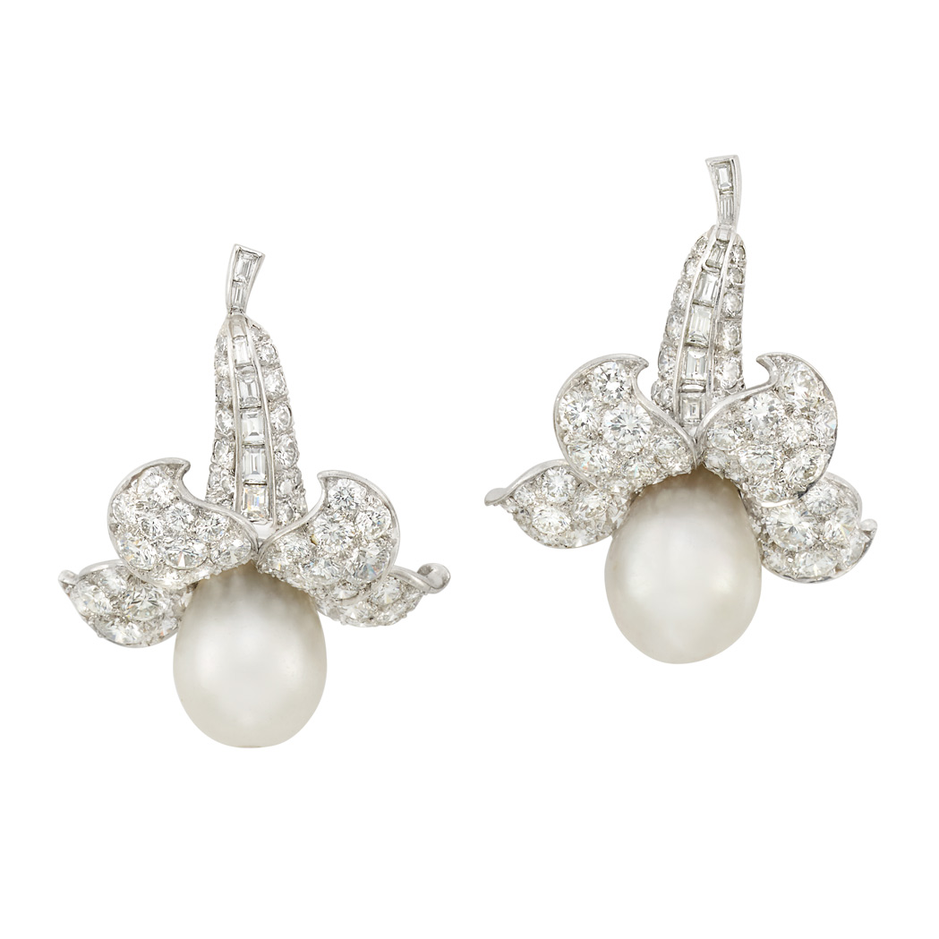 Lot image - Pair of Platinum, Natural Pearl and Diamond Flower Earclips, Van Cleef & Arpels