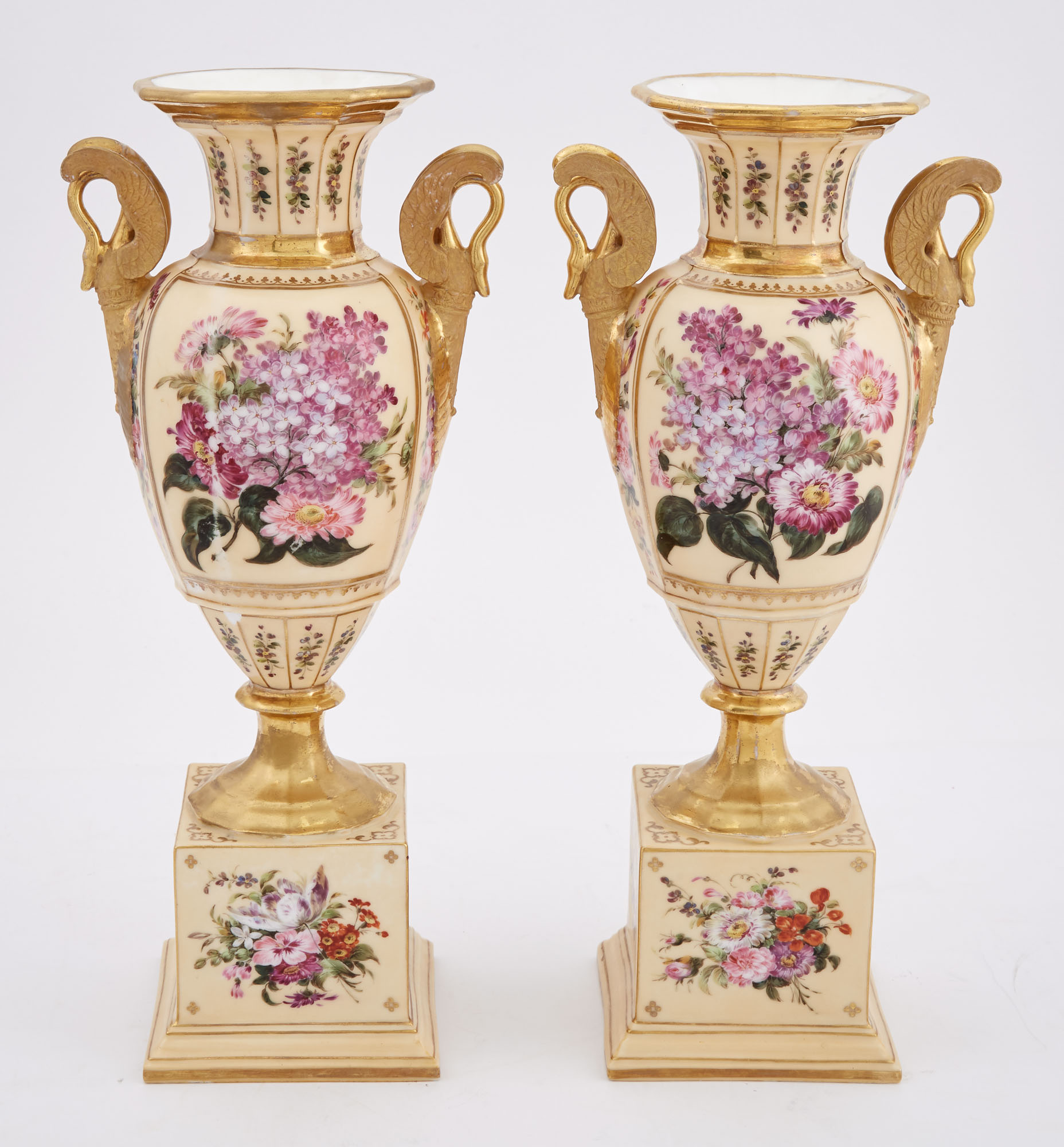 Lot image - Pair of Paris Porcelain Gilt and Floral Decorated Two-Handled Vases