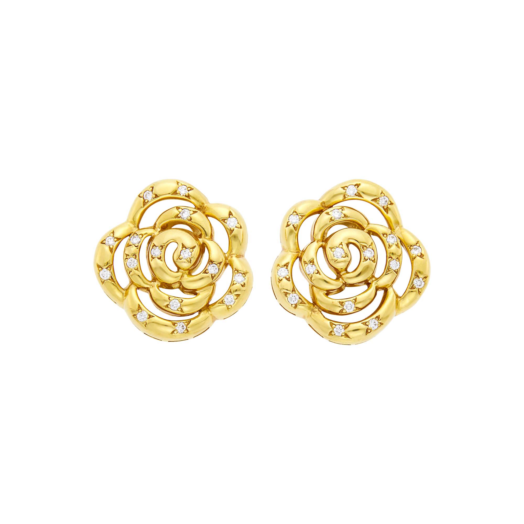 Lot image - Van Cleef and Arpels Pair of Gold and Diamond Camellia Earclips