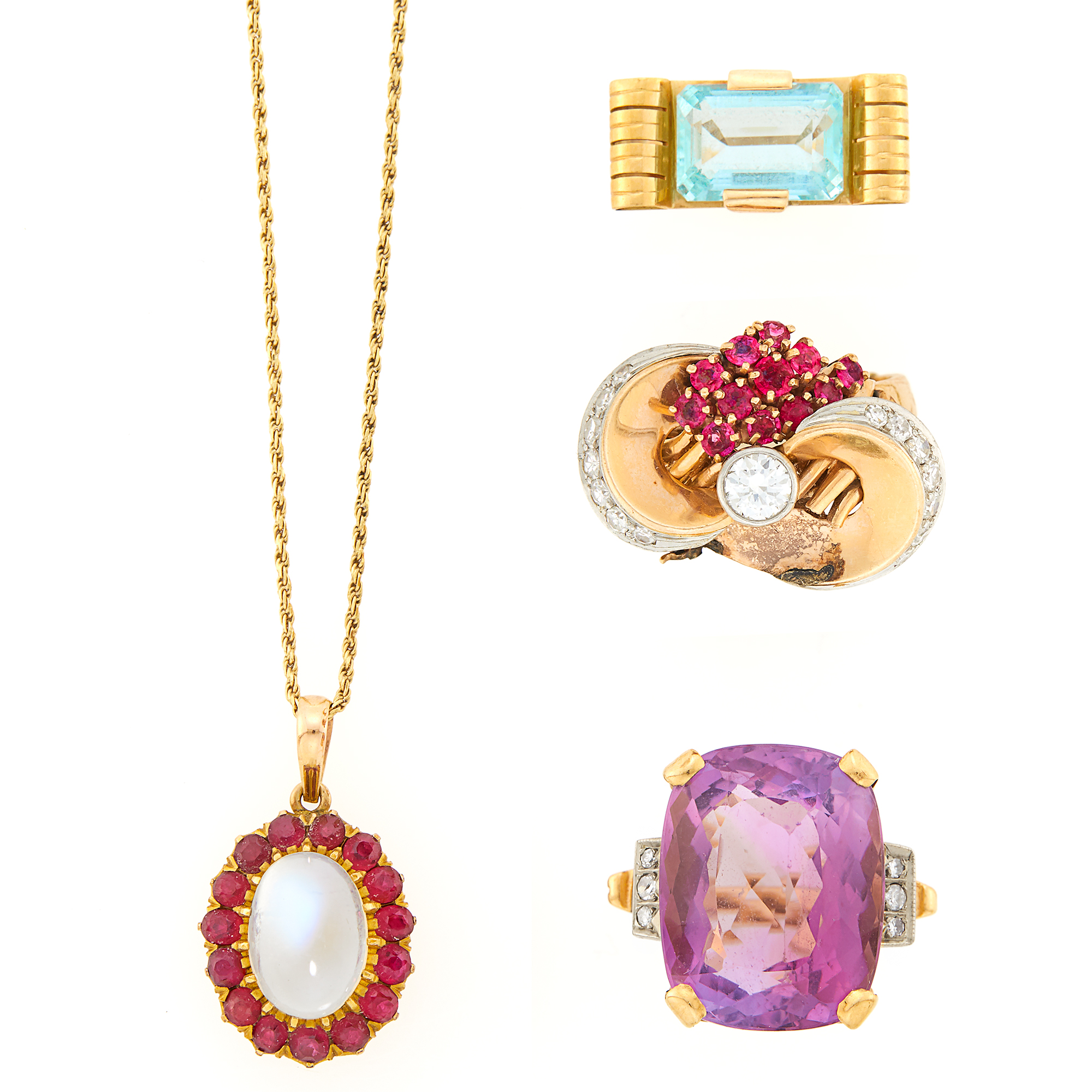 Lot image - Three Yellow, White and Rose Gold, Gem-Set and Diamond Rings and Pendant with Chain Necklace