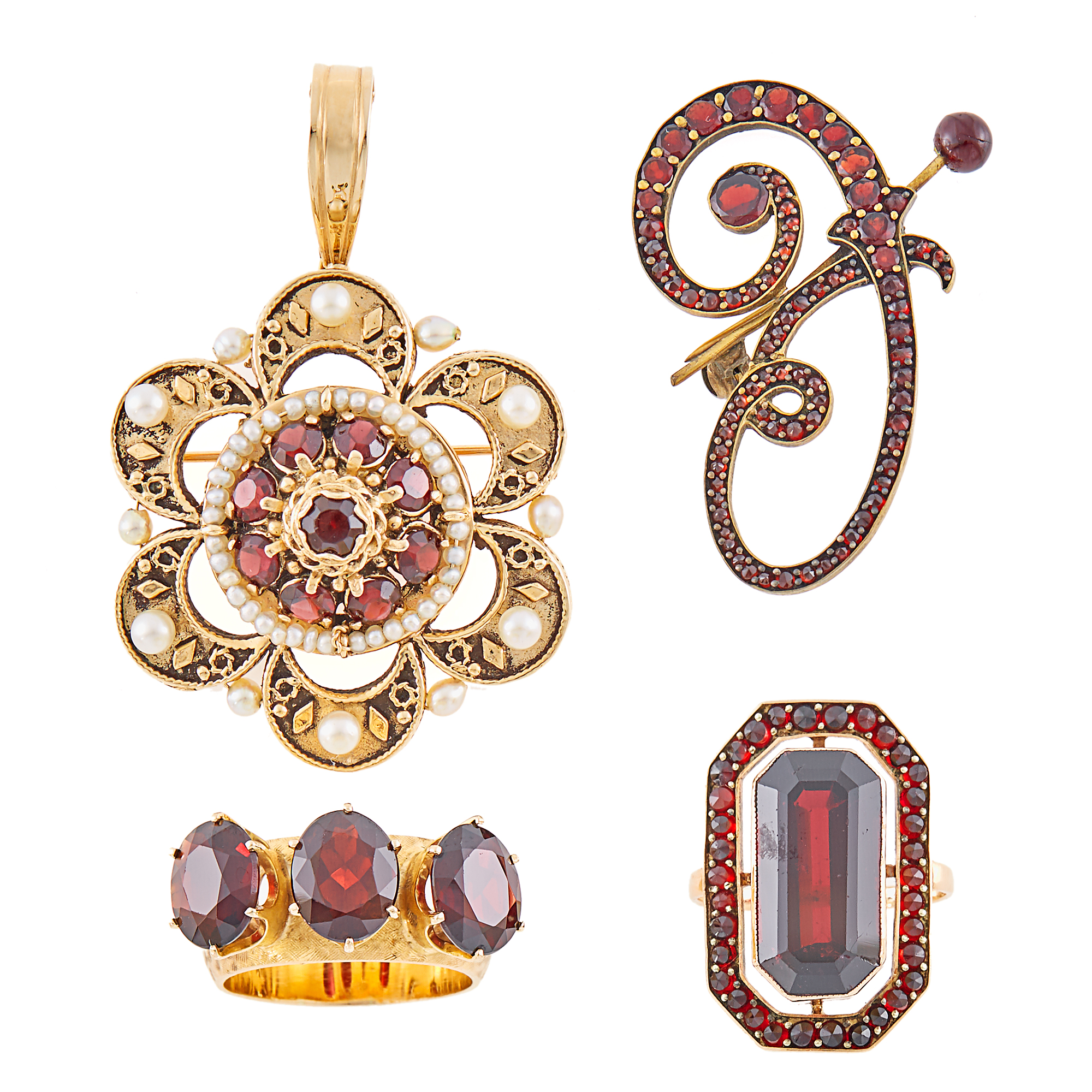Lot image - Two Gold and Garnet Rings, Garnet and Seed Pearl Pendant-Brooch and Gilt-Metal and Garnet Brooch
