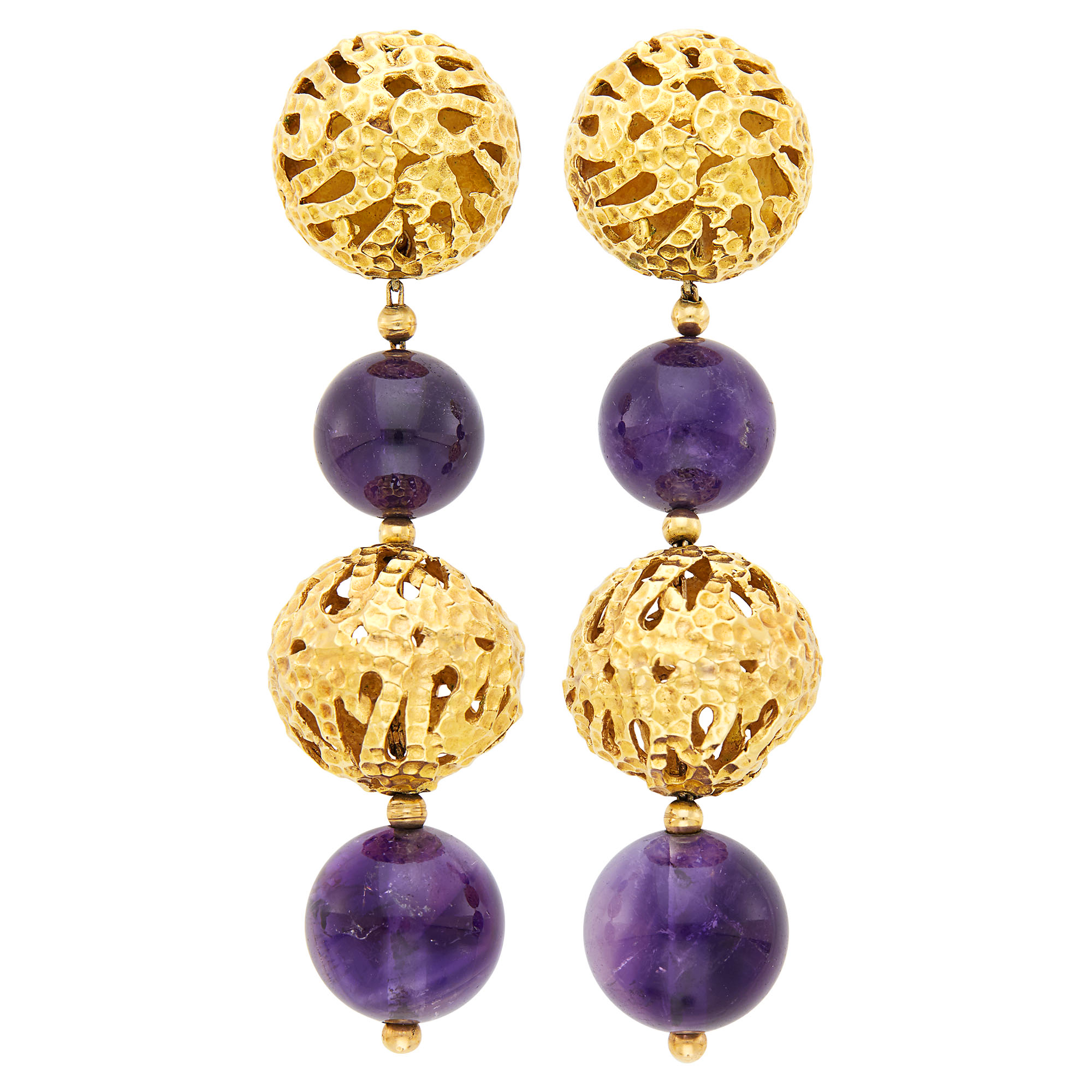 Lot image - Van Cleef & Arpels Pair of Gold and Amethyst Bead Pendant-Earclips