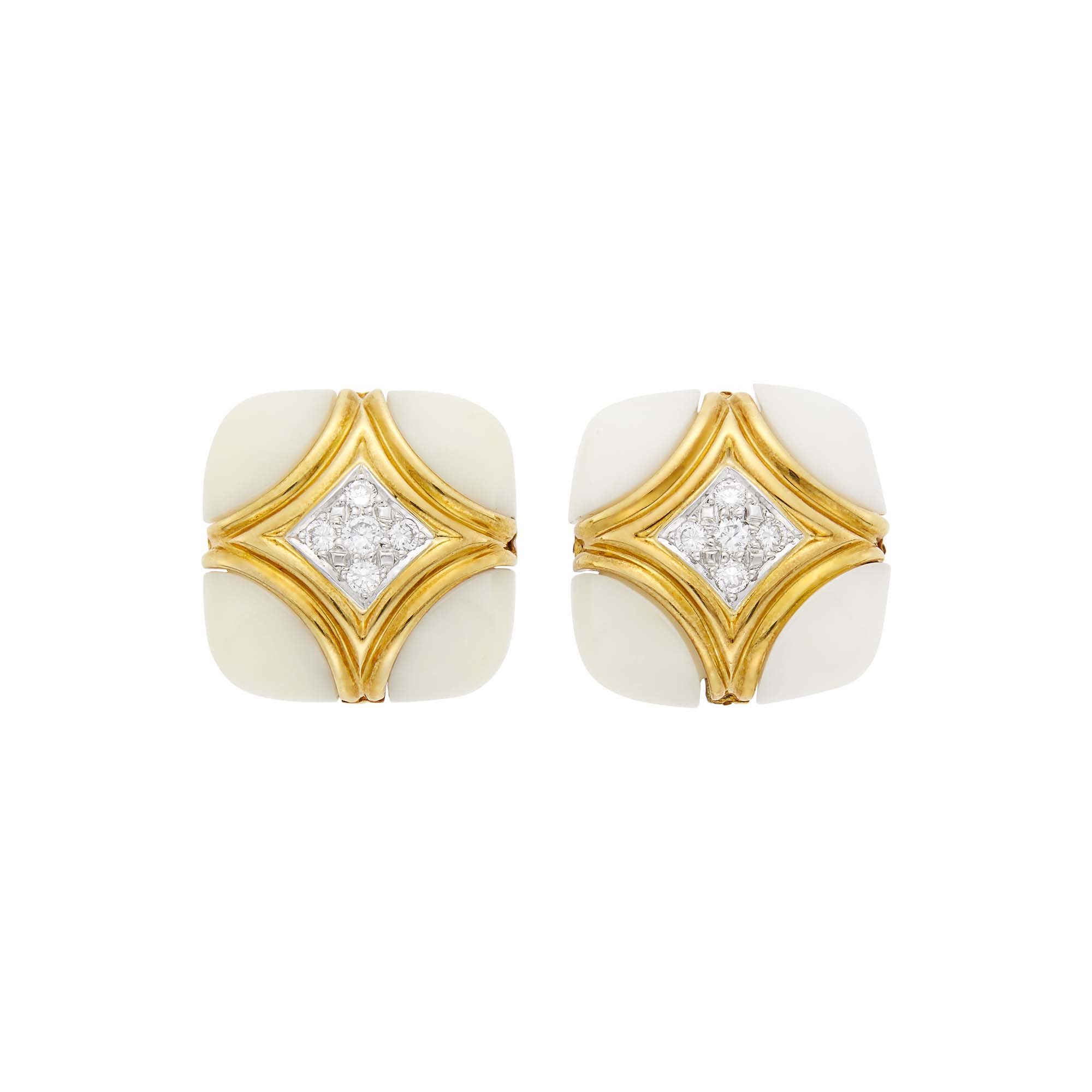 Lot image - Van Cleef and Arpels Pair of Two-Color Gold, White Coral and Diamond Earclips
