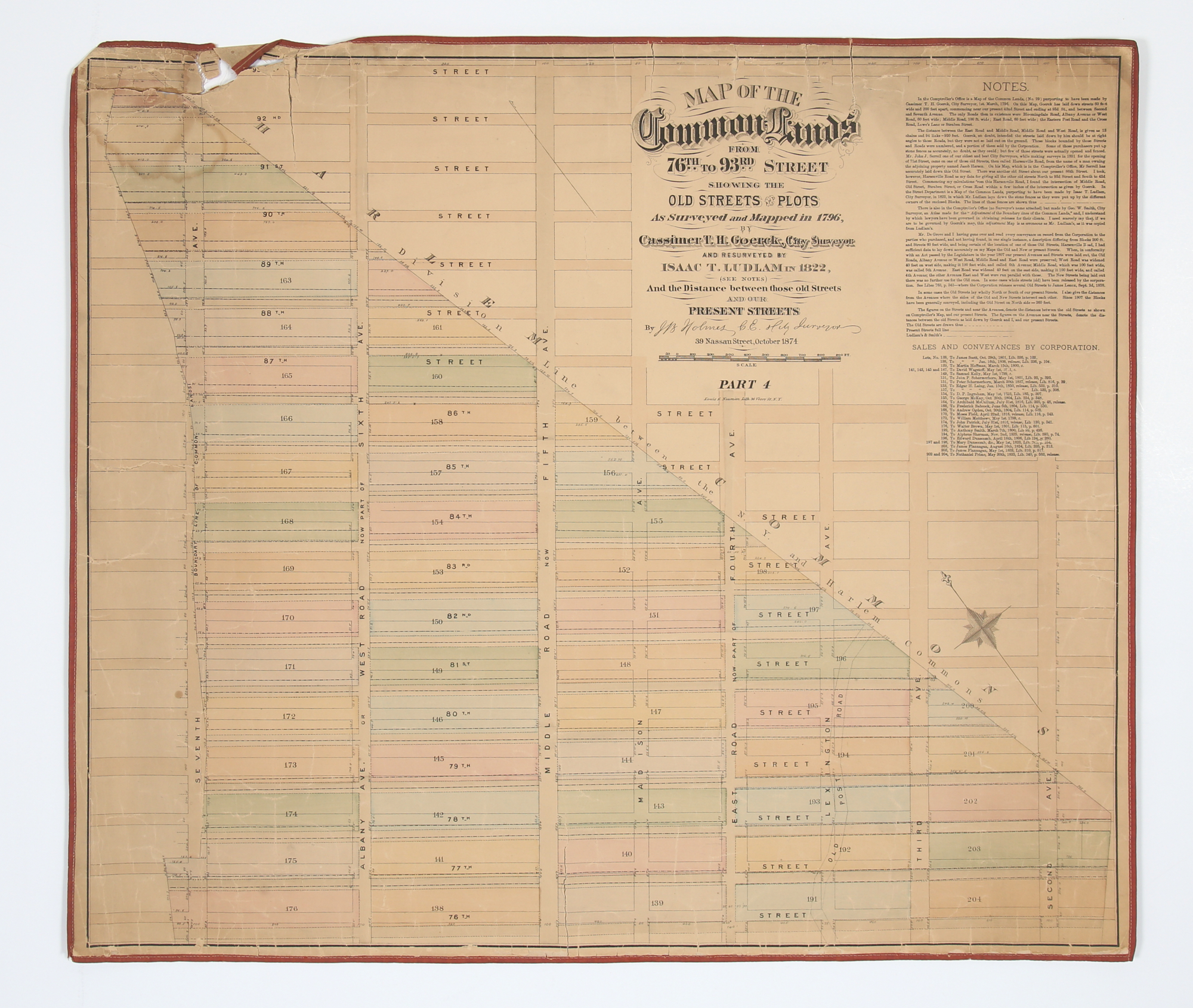 Lot image - [MAP - UPPER EAST SIDE] HOLMES, JOHN BUTE. Map of the Common Lands from 76th to 93rd Street showing the old streets & plots as...