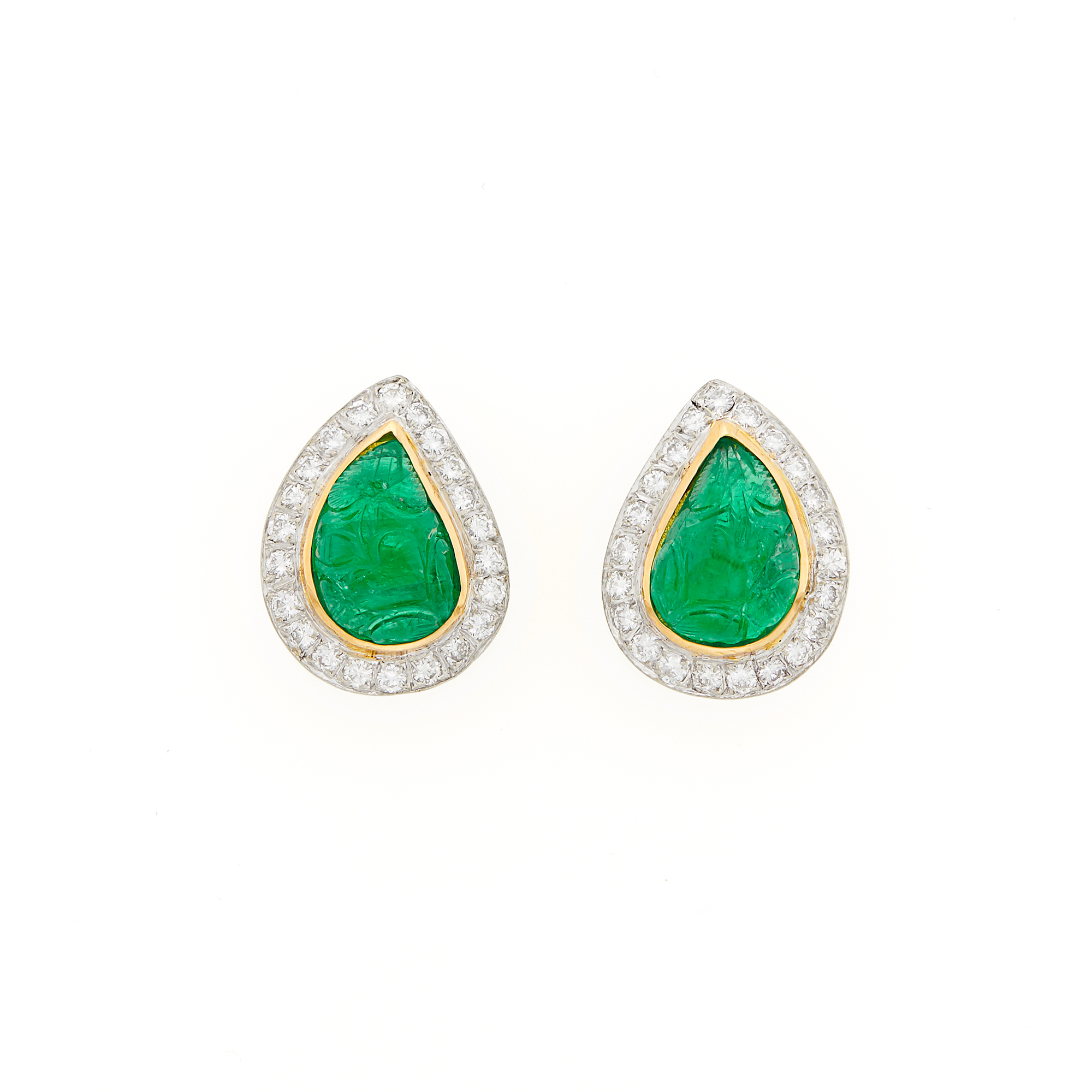 Lot image - Pair of Gold, Carved Emerald and Diamond Earrings