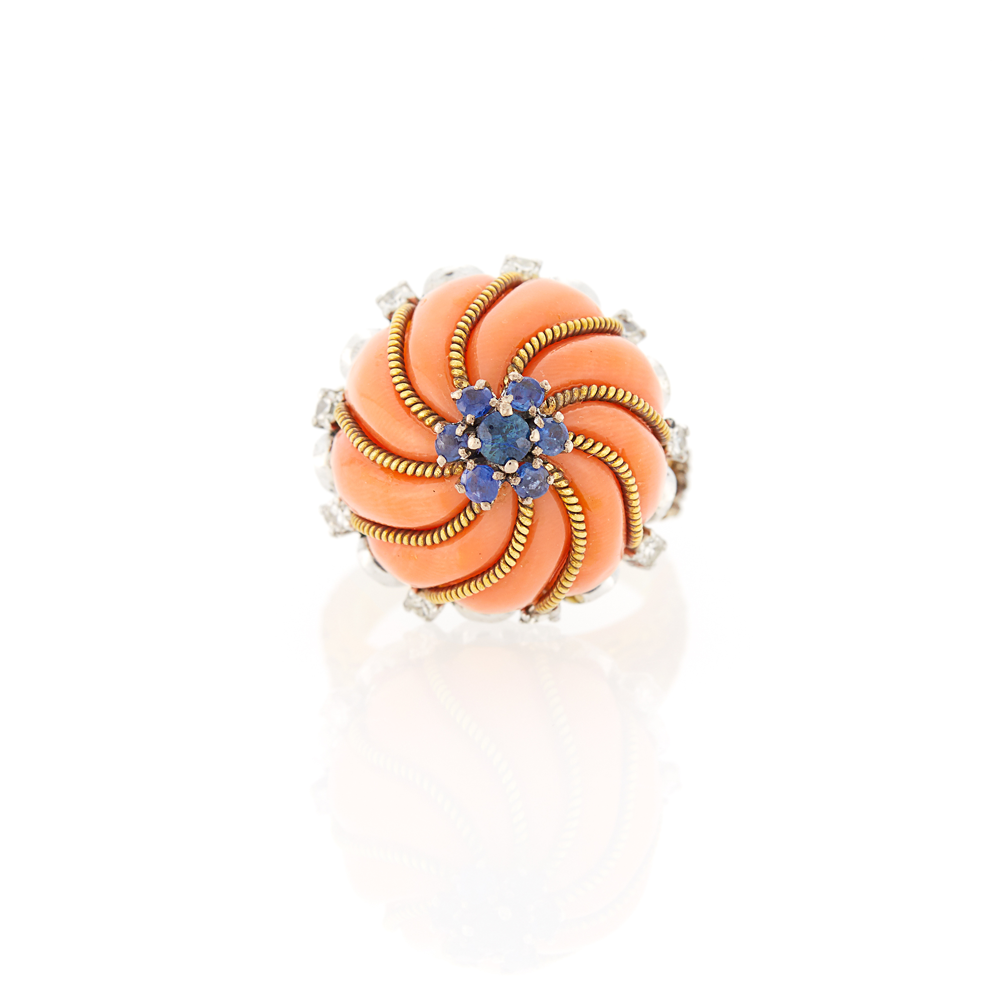 Lot image - Two-Color Gold, Fluted Coral, Diamond and Sapphire Ring