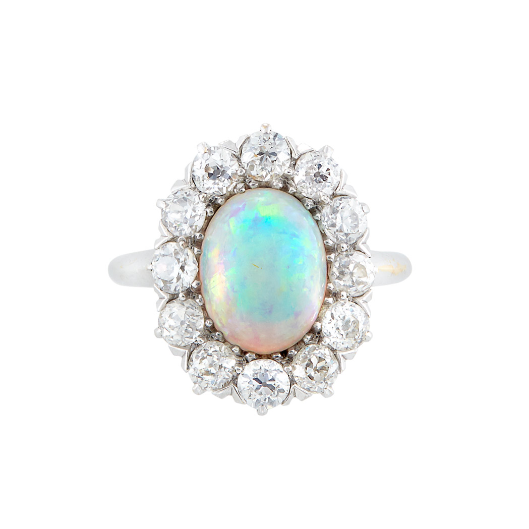 Lot image - Antique Rhodium-Plated Gold, Opal and Diamond Ring