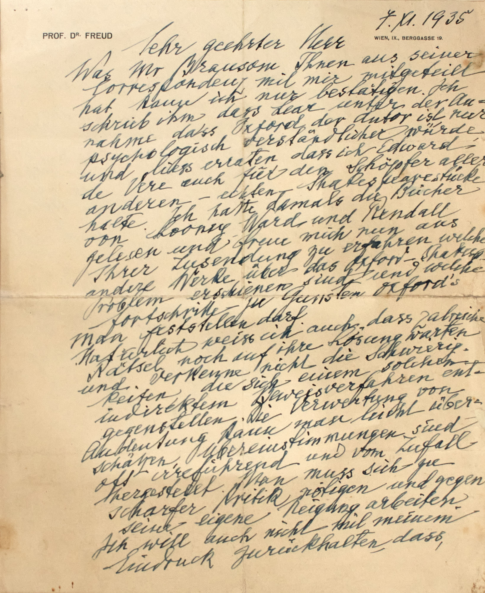 Lot image - FREUD, SIGMUND  Autograph letter in German signed (as Freud), regarding the authorship of Shakespeares plays.