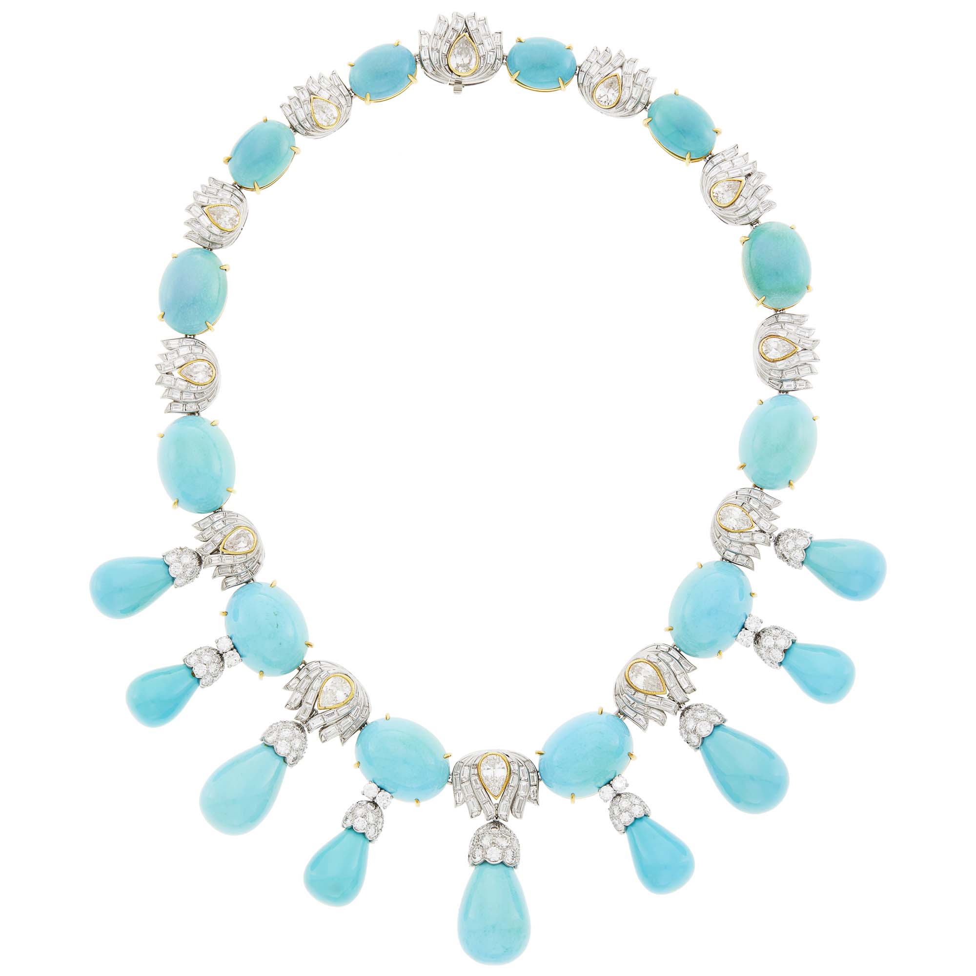 Lot image - Julius Cohen Platinum, Gold, Turquoise and Diamond Fringe Necklace
