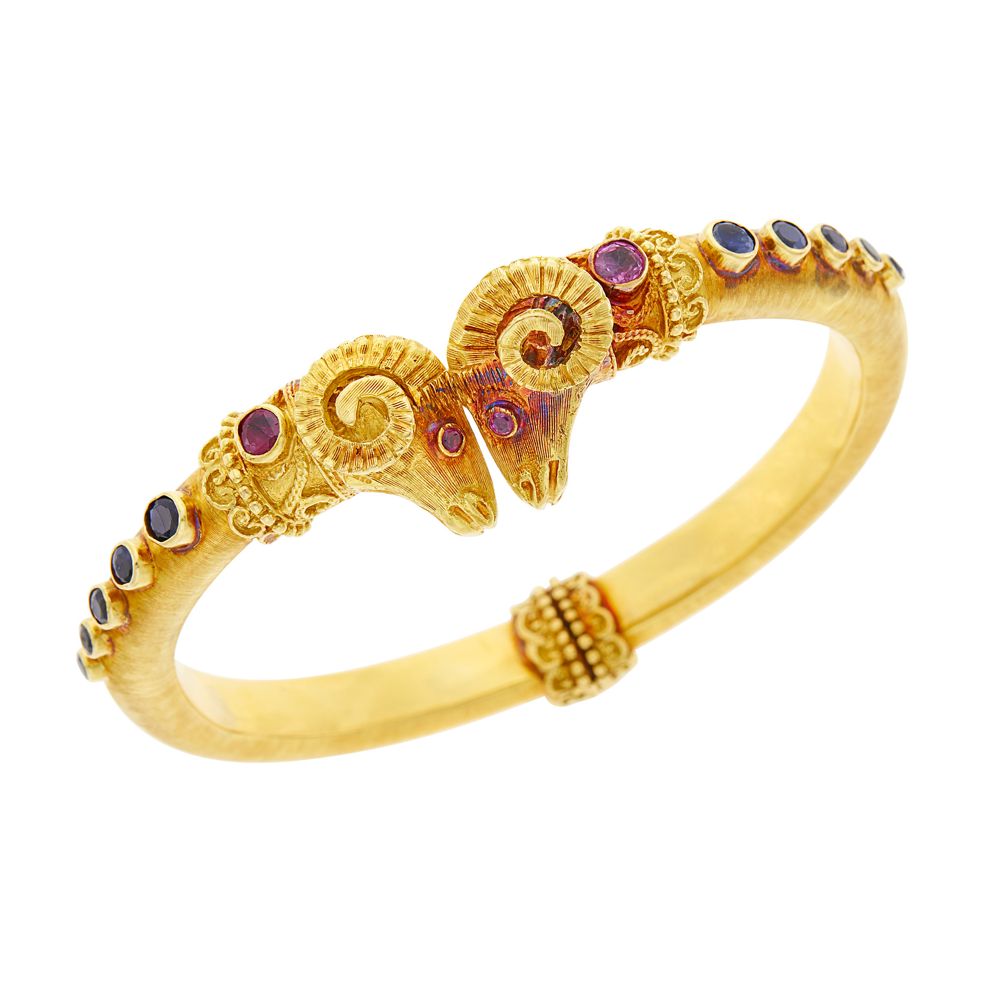 Lot image - Ilias Lalaounis Gold and Gem-Set Rams Head Bangle Bracelet