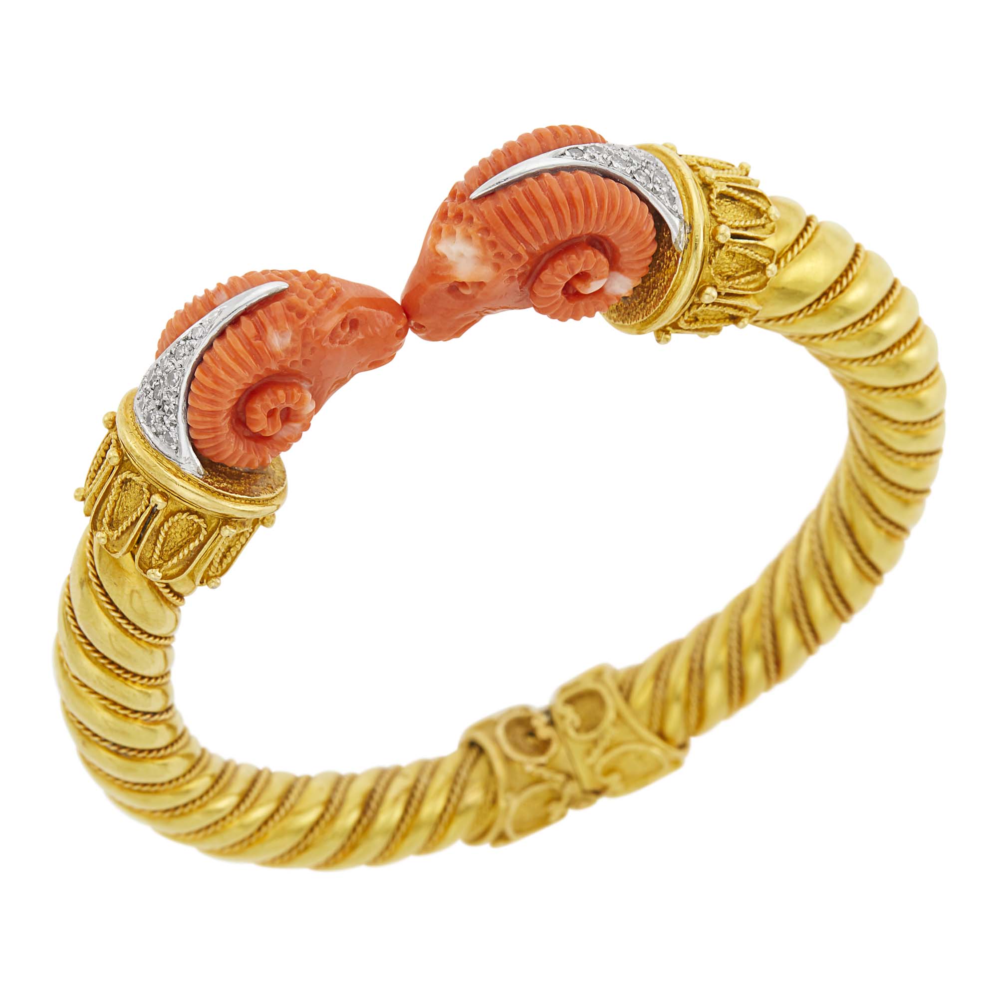 Lot image - Two-Color Gold, Carved Coral and Diamond Rams Head Bangle Bracelet