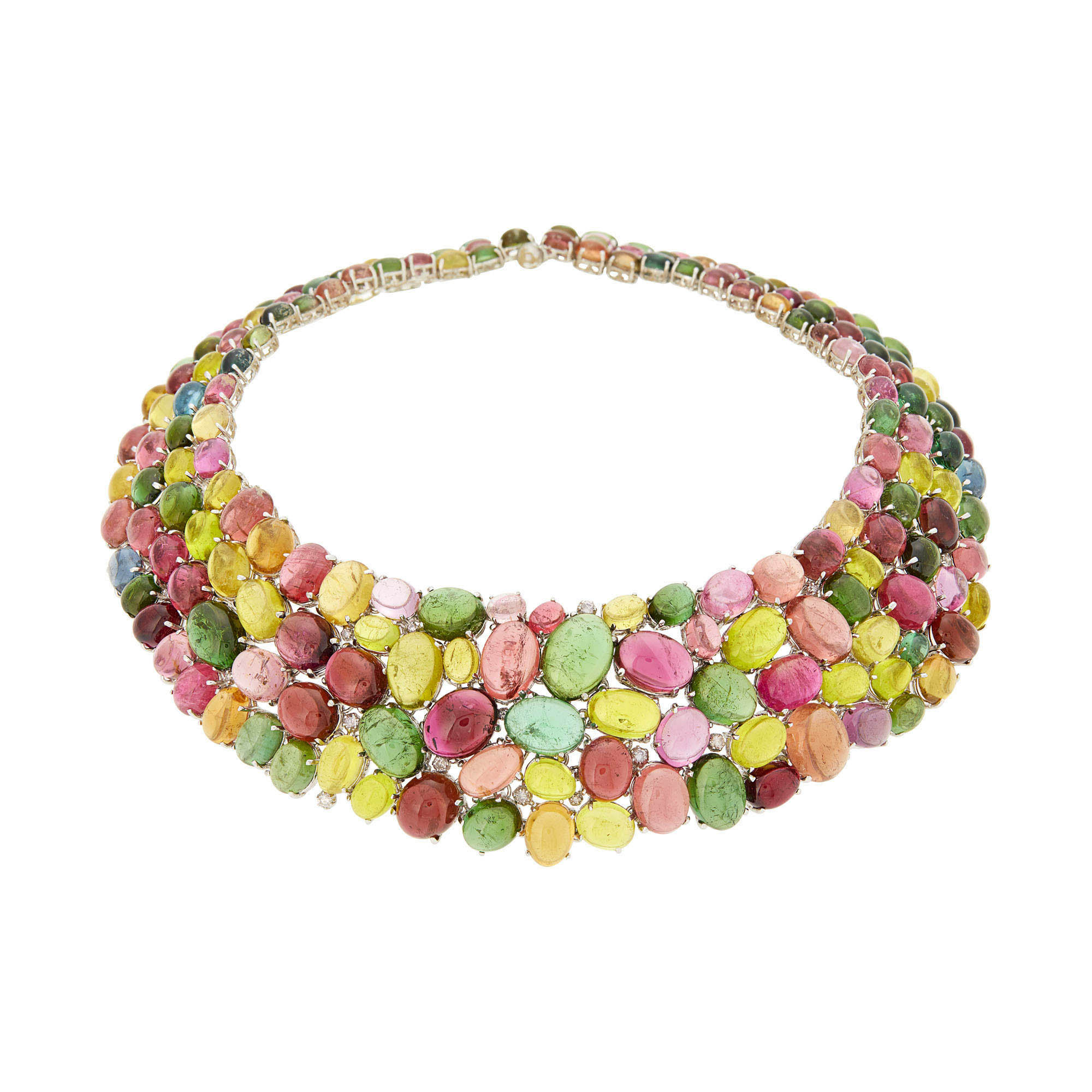 Lot image - White Gold, Multicolored Cabochon Tourmaline and Diamond Necklace