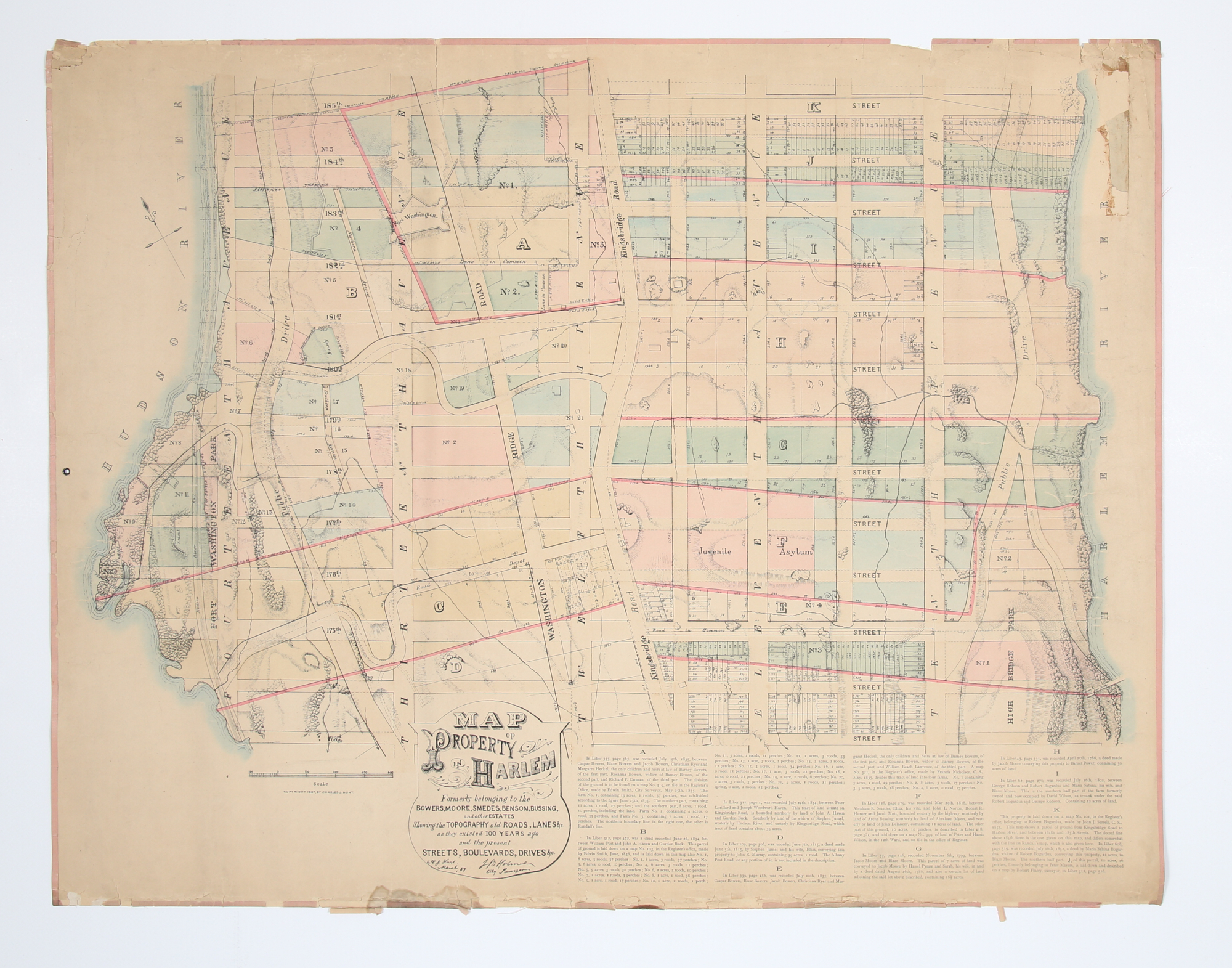 Lot image - [MAP - UPPER MANHATTAN] HOLMES, J. B. and CHARLES J. HUNT. Map of Property in Harlem Formerly Belonging to the Bowers, Moore, S...