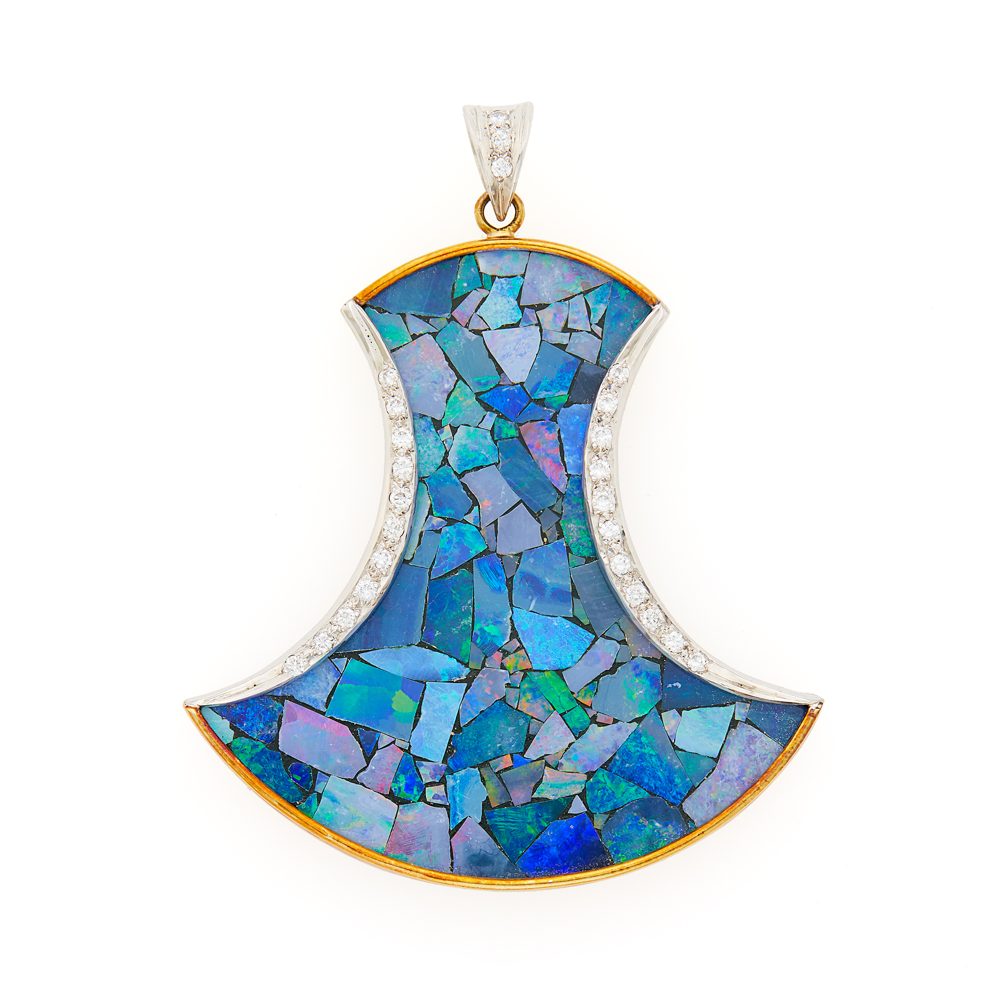 Lot image - Two-Color Gold, Opal Mosaic, Black Onyx and Diamond Pendant