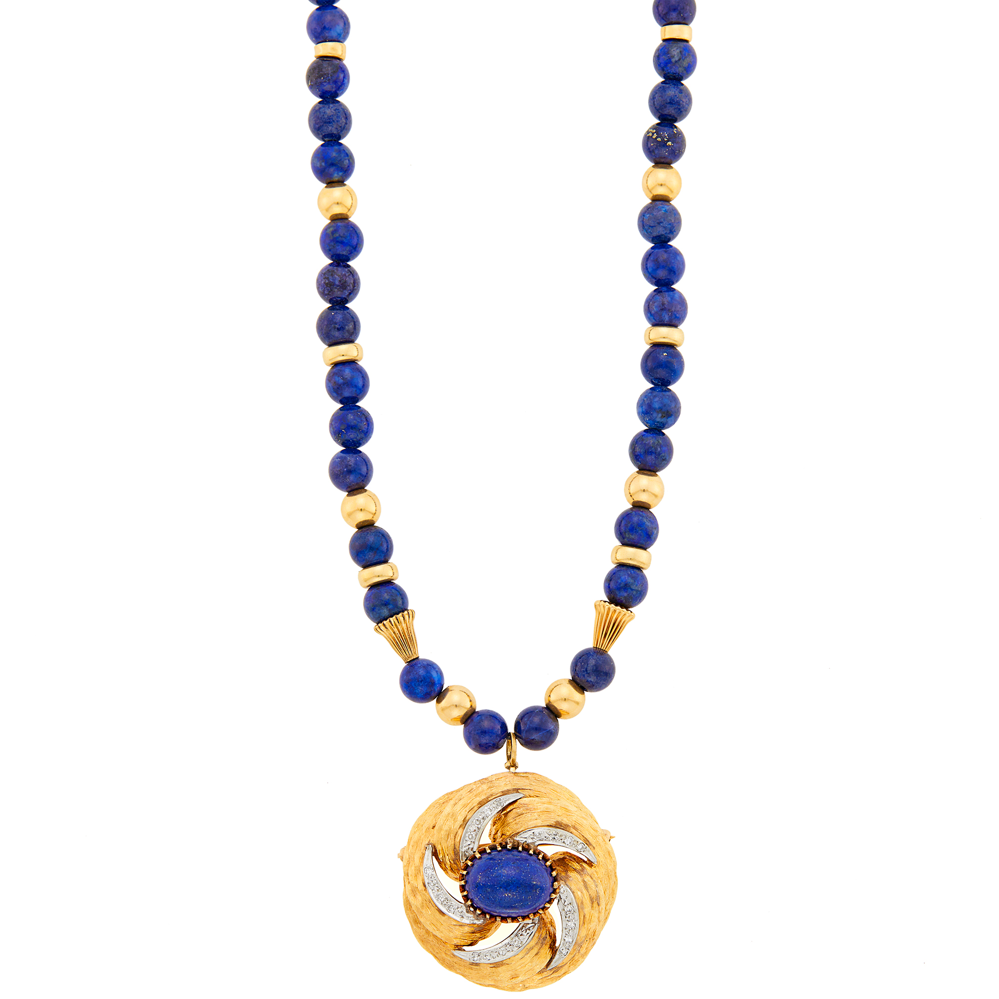 Lot image - Two-Color Gold and Lapis Pendant-Brooch with Lapis and Gold Bead Necklace