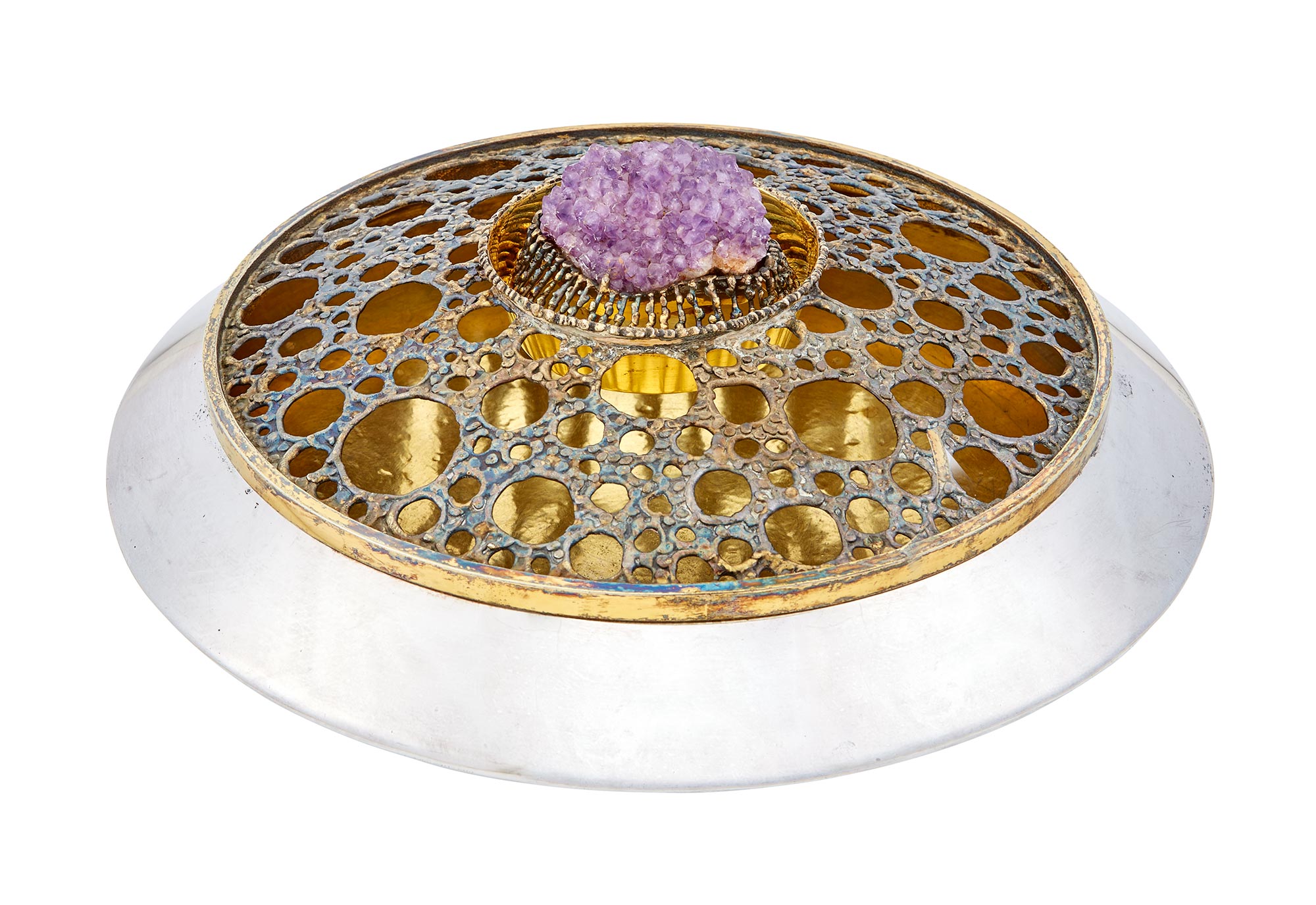 Lot image - Stuart Devlin for Cartier Sterling Silver, Parcel Gilt, and Amethyst Covered Rose Bowl