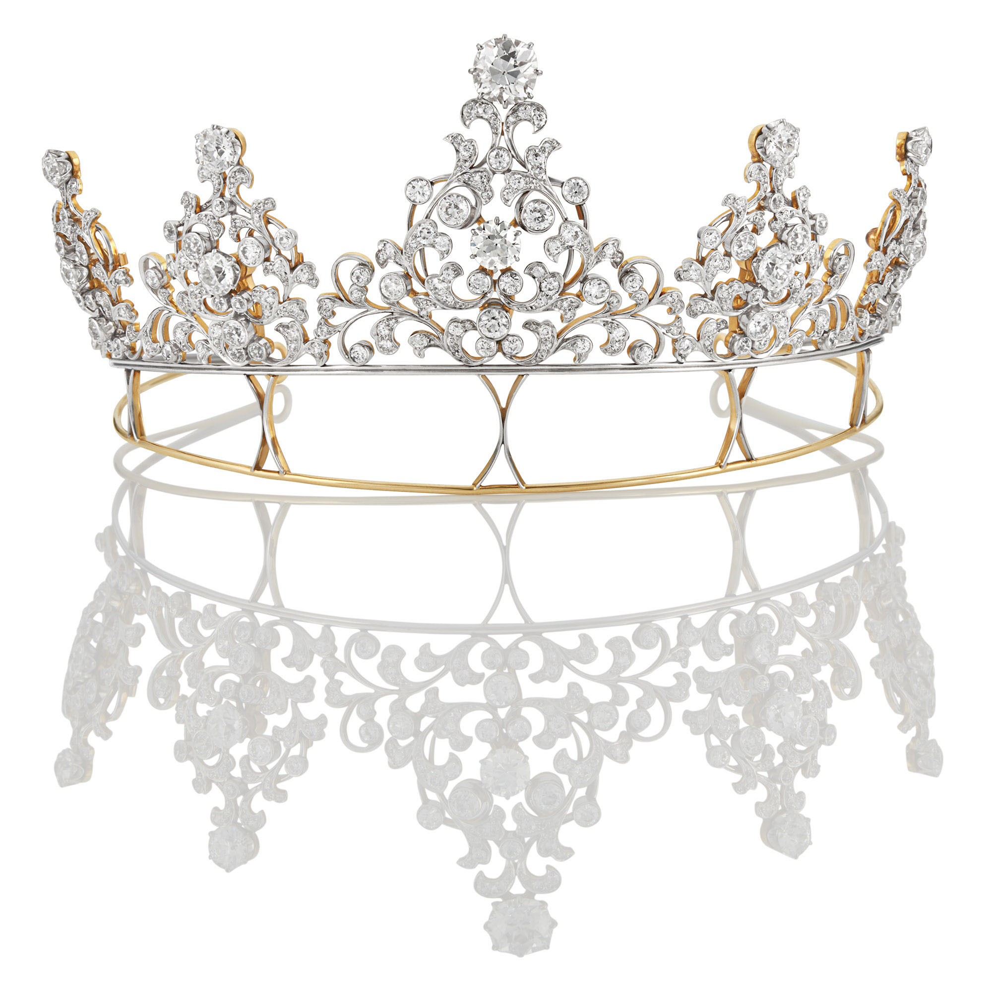 Lot image - Edwardian Platinum-Topped Gold and Diamond Convertible Necklace/Brooches/Tiara