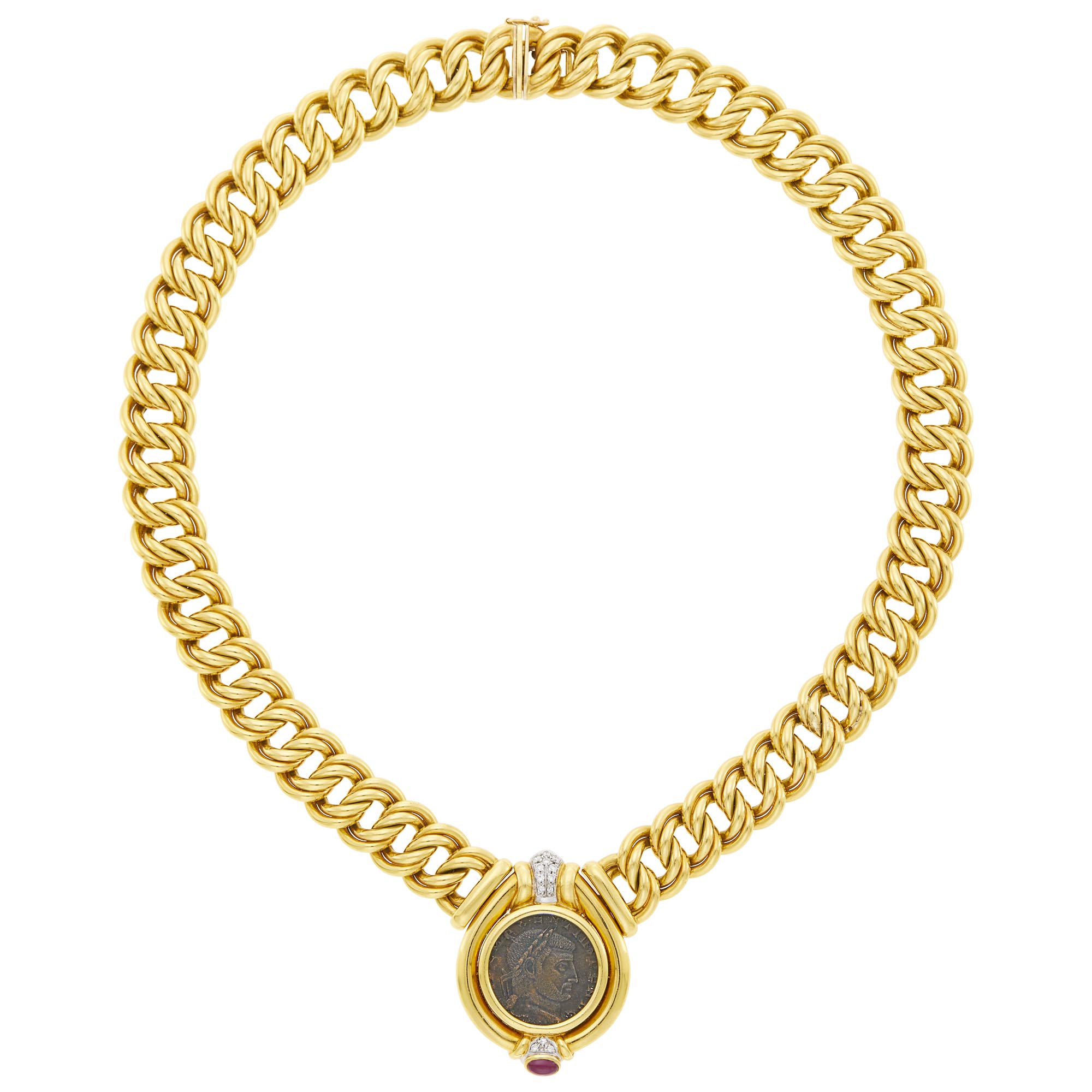 Lot image - Black, Starr & Frost Gold, Bronze Coin, Diamond and Cabochon Ruby Curb Link Necklace