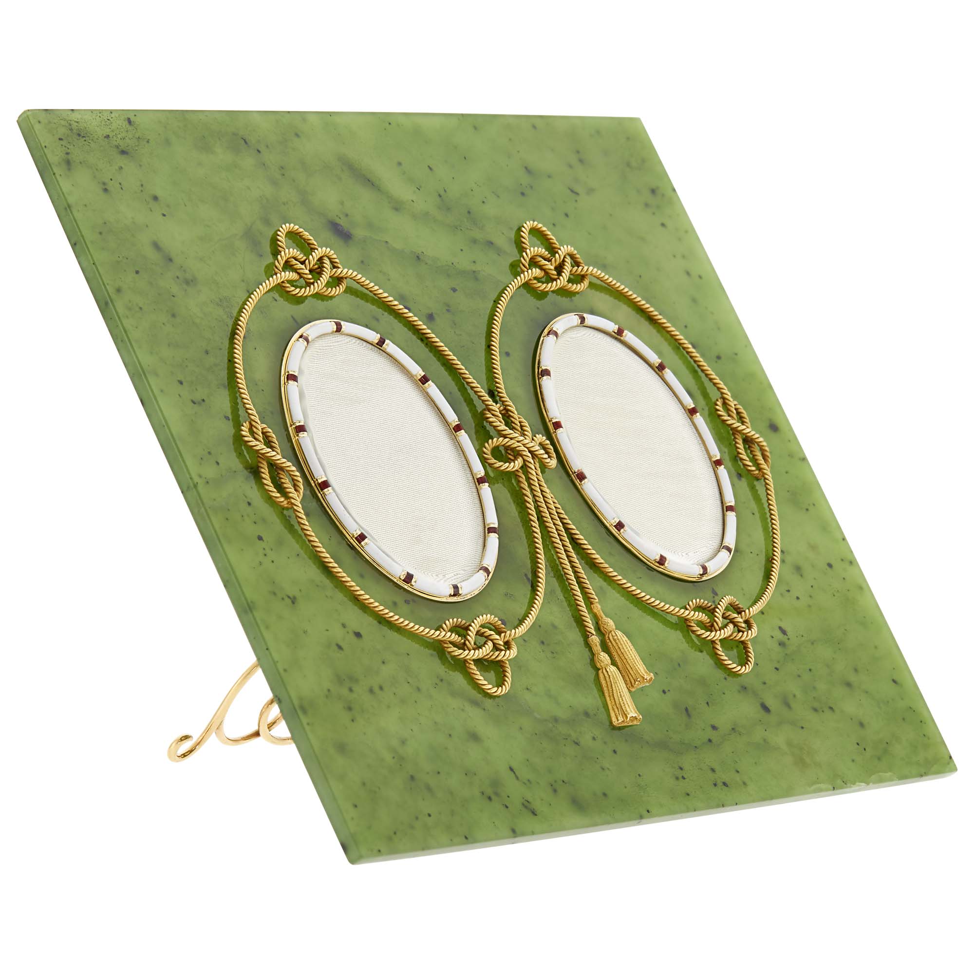 Lot image - Fabergé Enameled Gold-Mounted Nephrite Double Photograph Frame