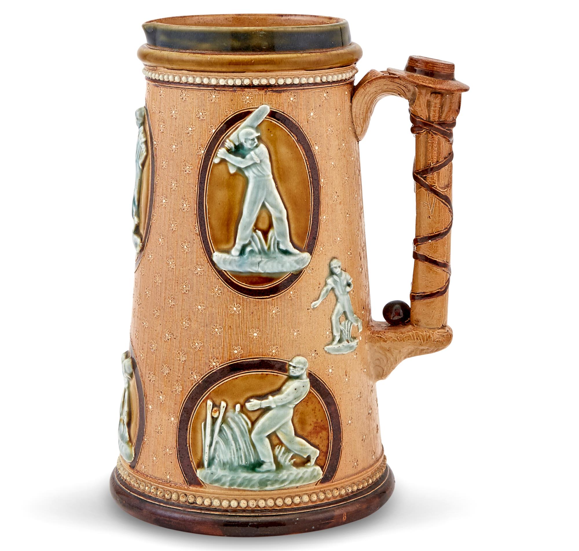 Lot image - Doulton Lambeth Stoneware Mug with Cricket Players