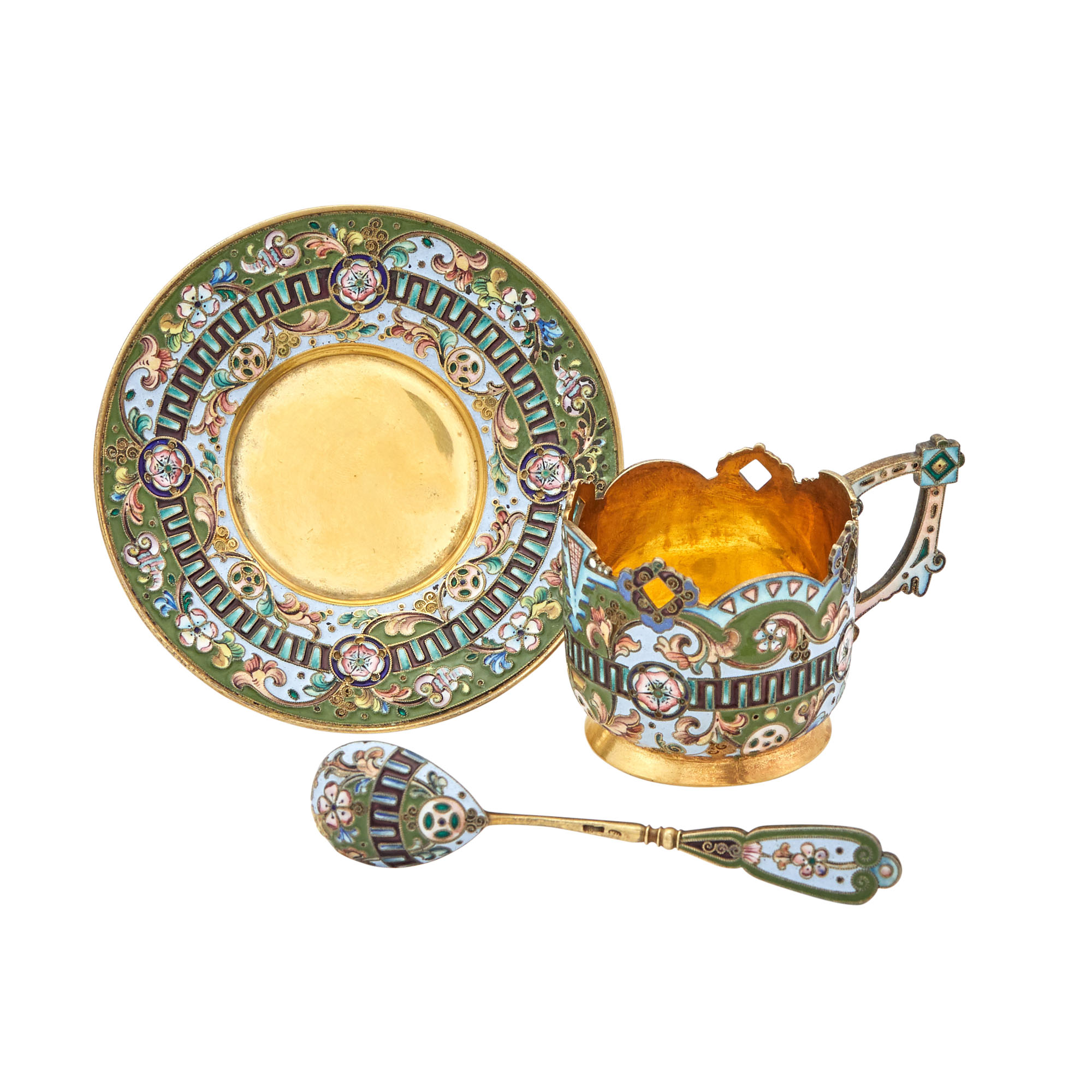 Lot image - Russian Silver-Gilt and Cloisonné Enamel Cup, Saucer and Spoon