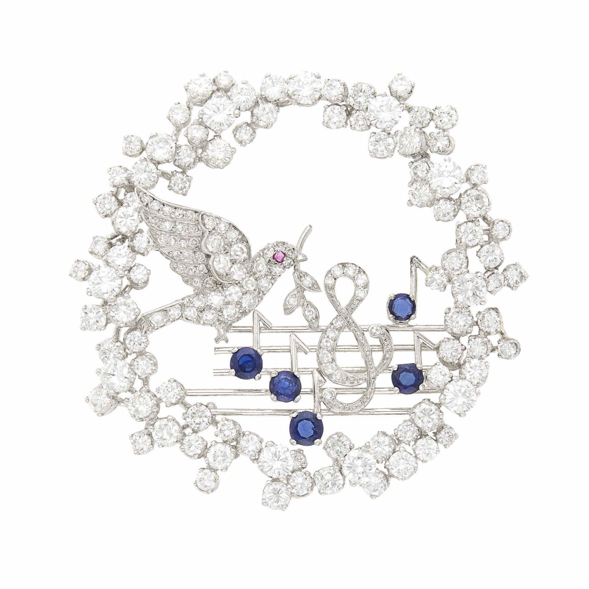 Lot image - Platinum, Diamond and Sapphire Dove Love Song Circle Brooch