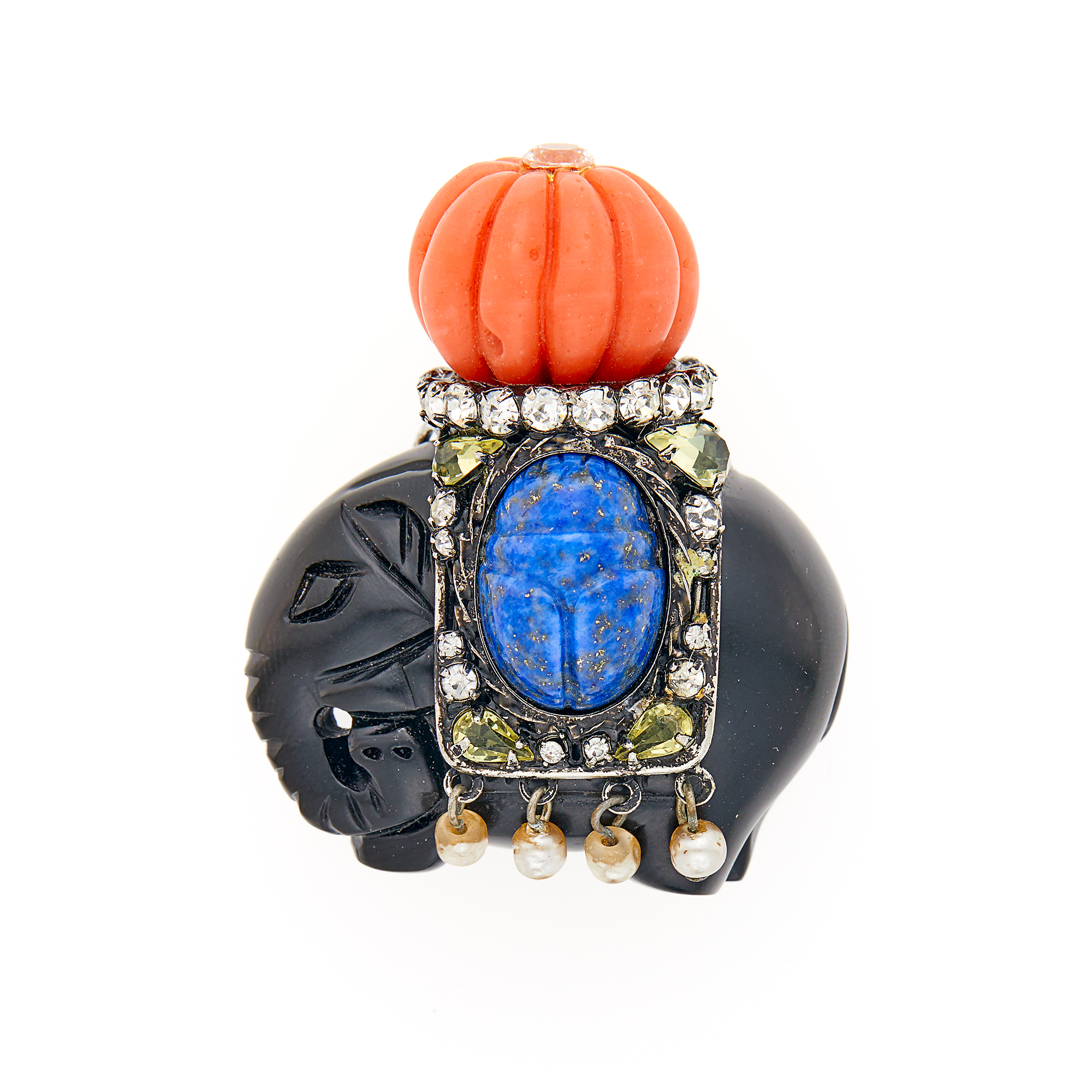 Lot image - Iradj Moini Gilt-Metal Carved Jet, Coral, Lapis, Imitation Pearl and Paste Elephant Brooch