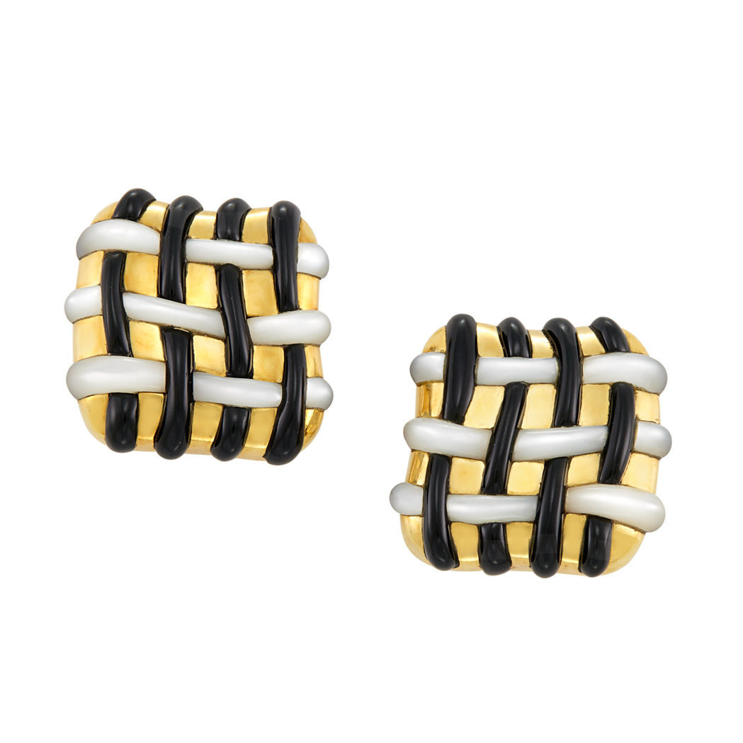 Lot image - Pair of Gold, Mother-of-Pearl and Black Onyx Earclips, Angela Cummings