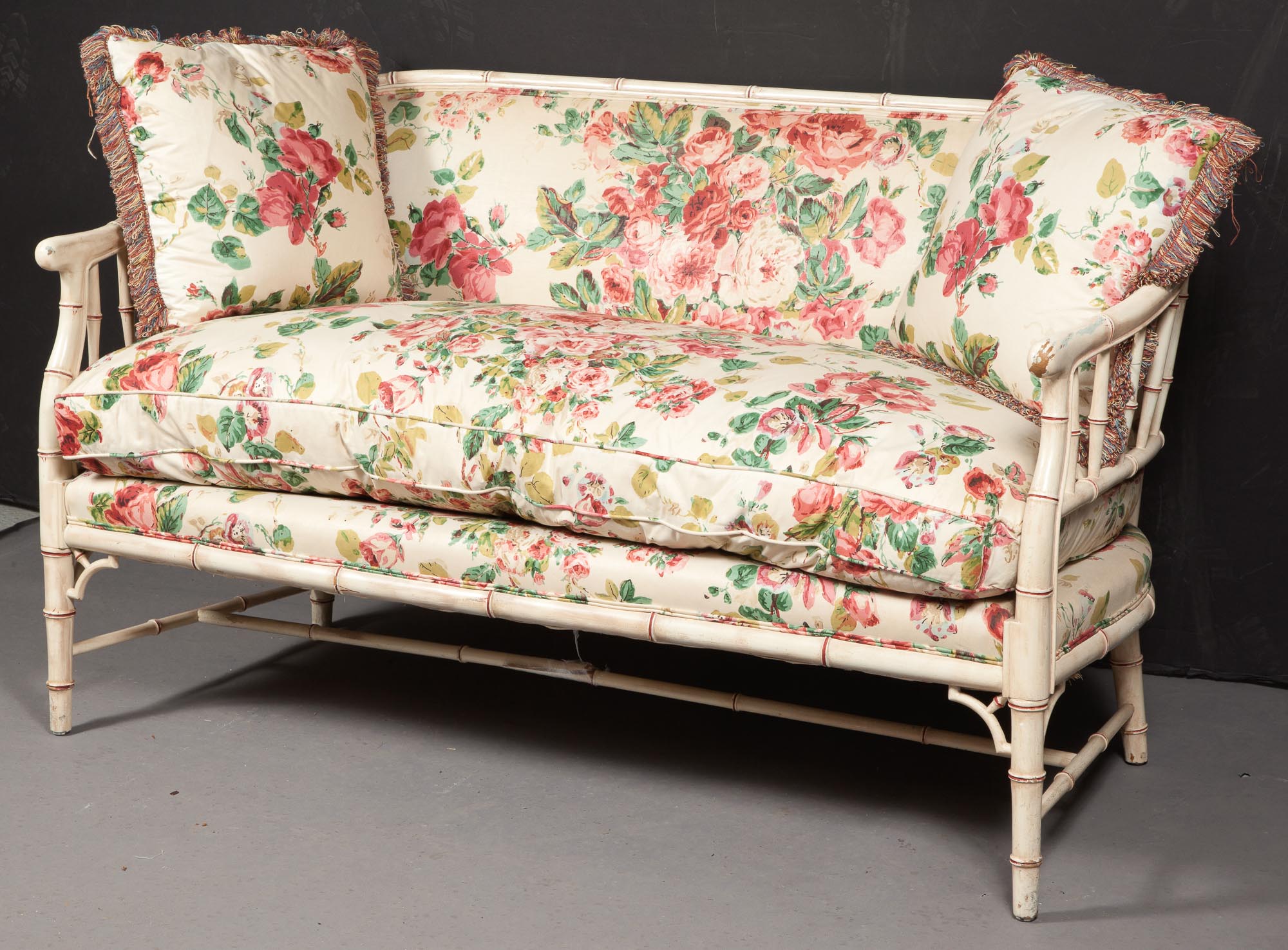 Lot image - Faux Bamboo Upholstered Settee