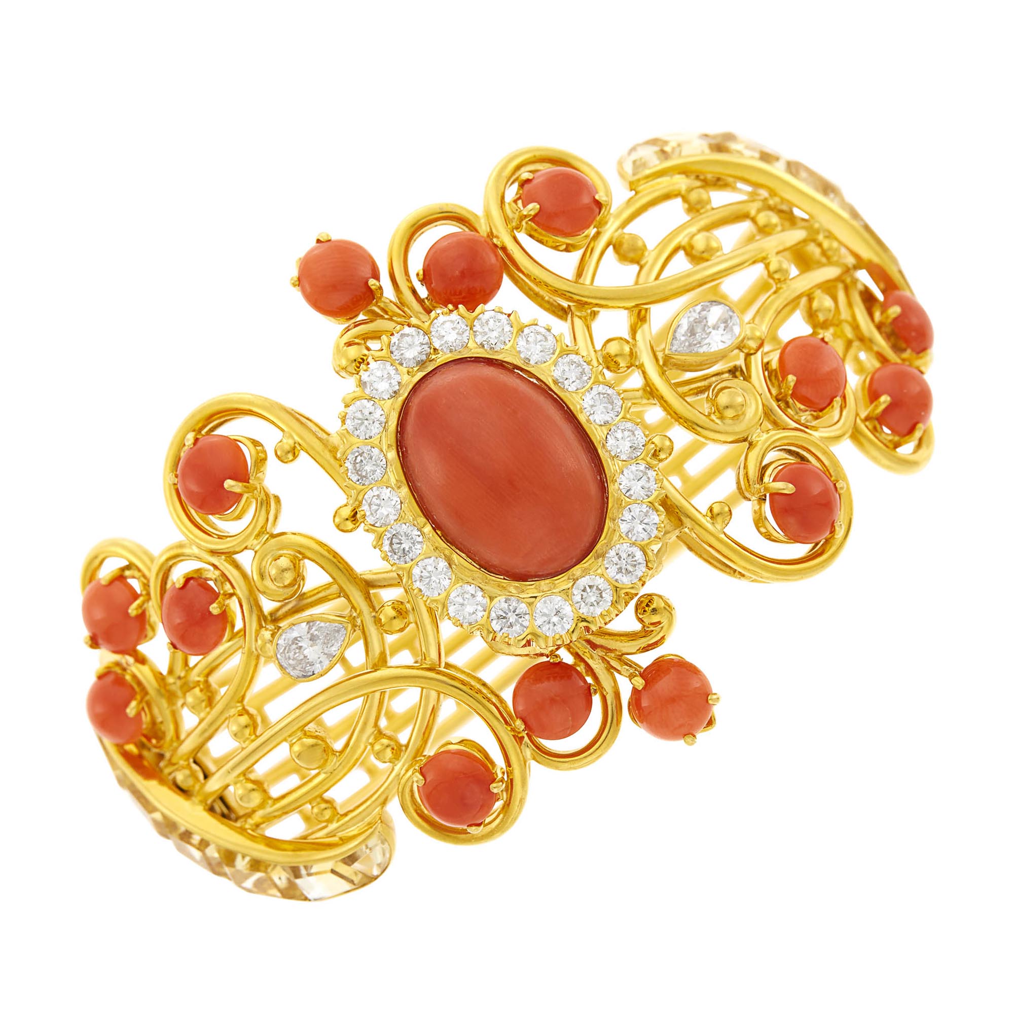 Lot image - Gold, Coral, Diamond and Citrine Bangle Bracelet