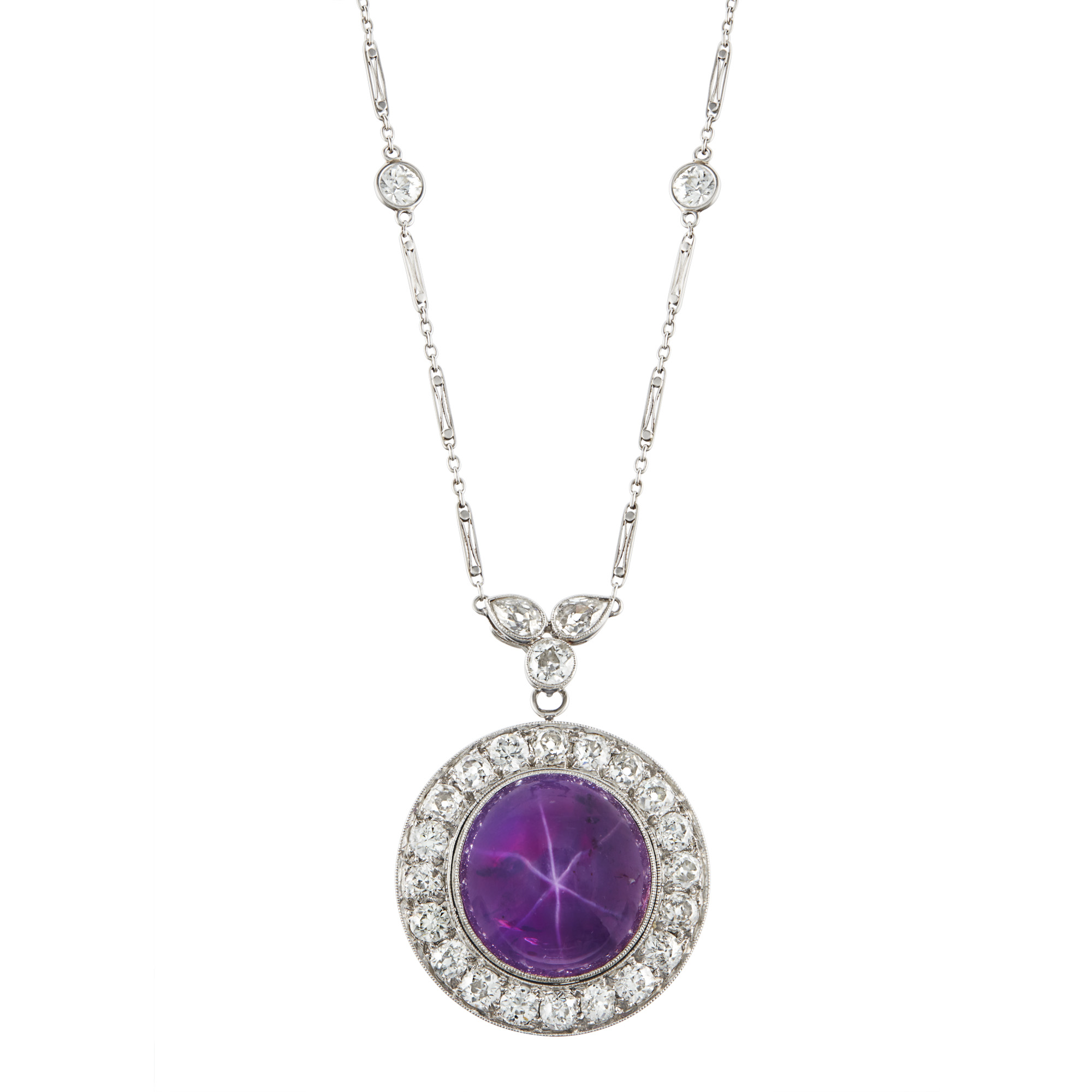 Lot image - Platinum, Purple Star Ruby and Diamond Pendant Necklace