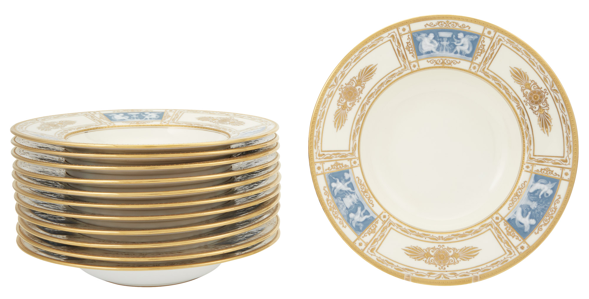 Lot image - Set of Twelve Mintons Gilt-Decorated Pâte-sur-Pâte Porcelain Rim Soup Bowls