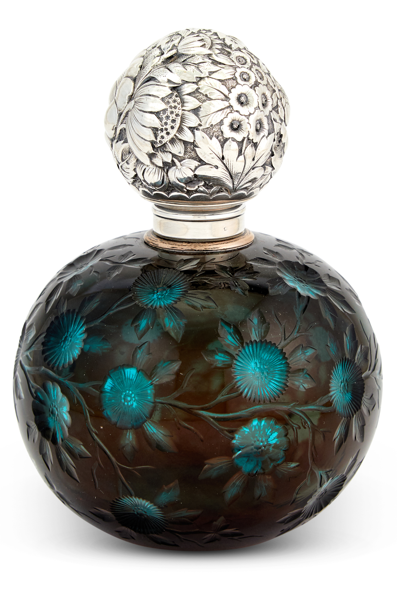 Lot image - Sterling Silver Mounted Green Cut Glass Scent Bottle