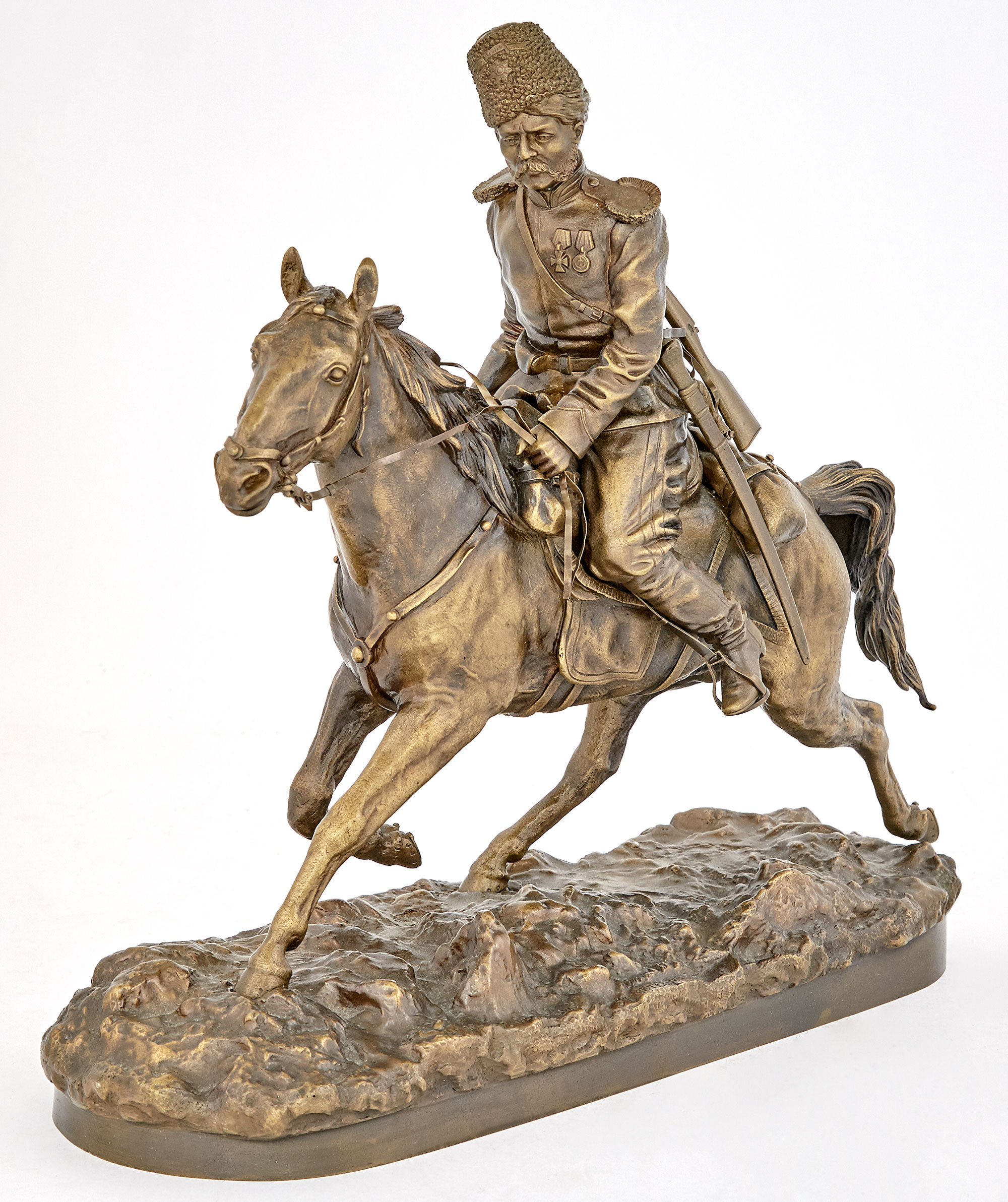 Lot image - Russian Bronze Group of a Cossack Officer on Horseback