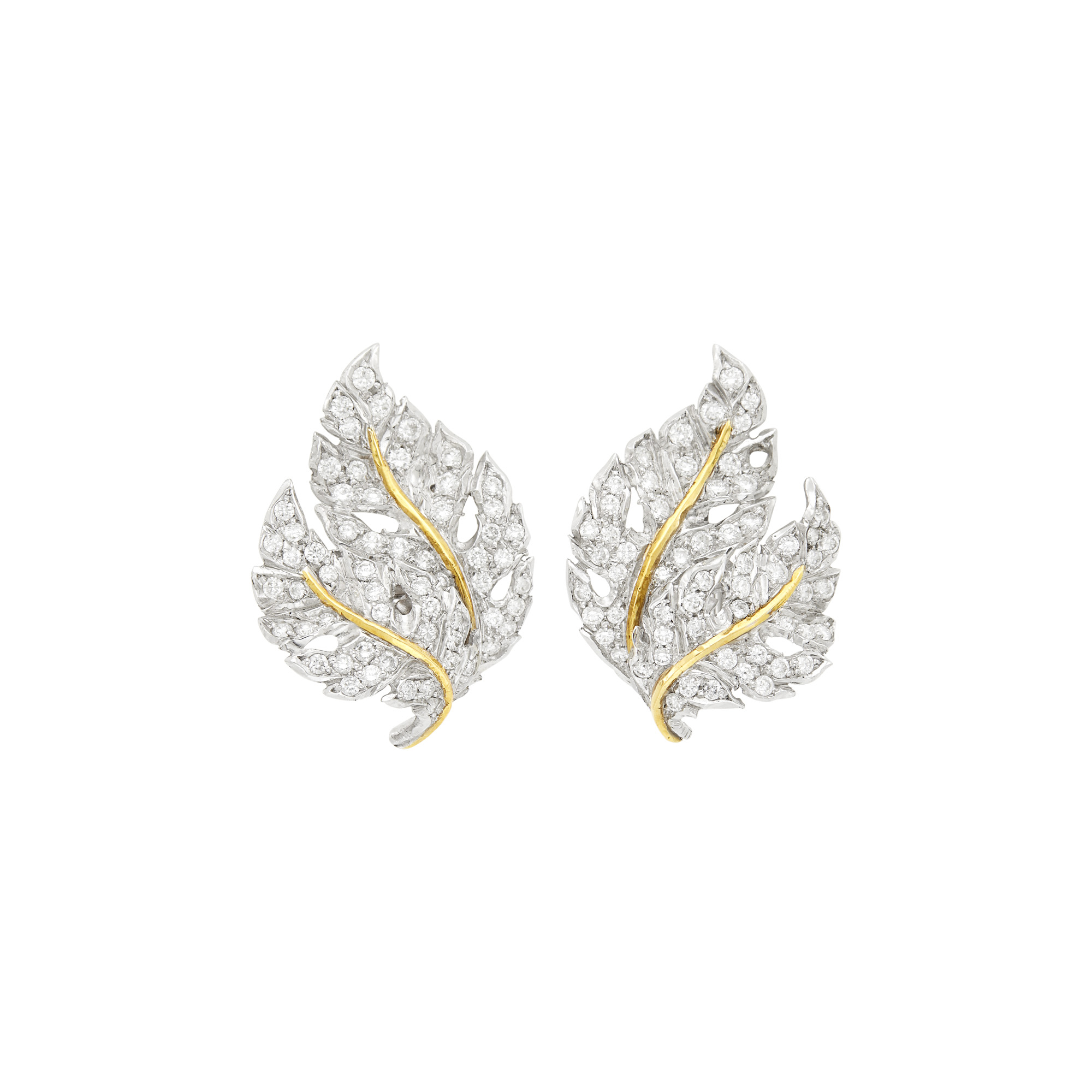 Lot image - Mario Buccellati Pair of Two-Color Gold and Diamond Leaf Earclips