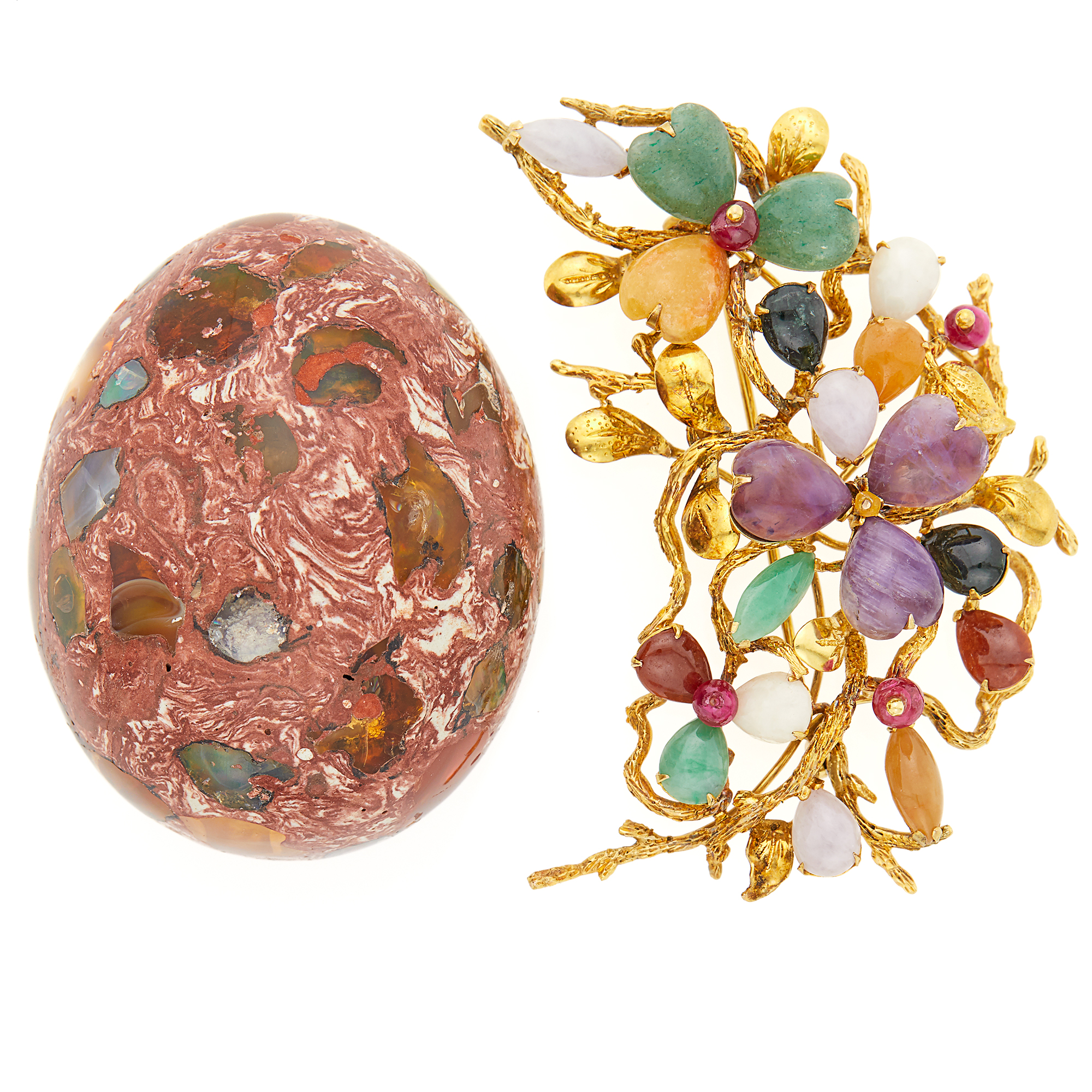 Lot image - Gold, Hardstone, Gem-Set and Multicolored Jade Brooch and Opal and Clay Egg Objet