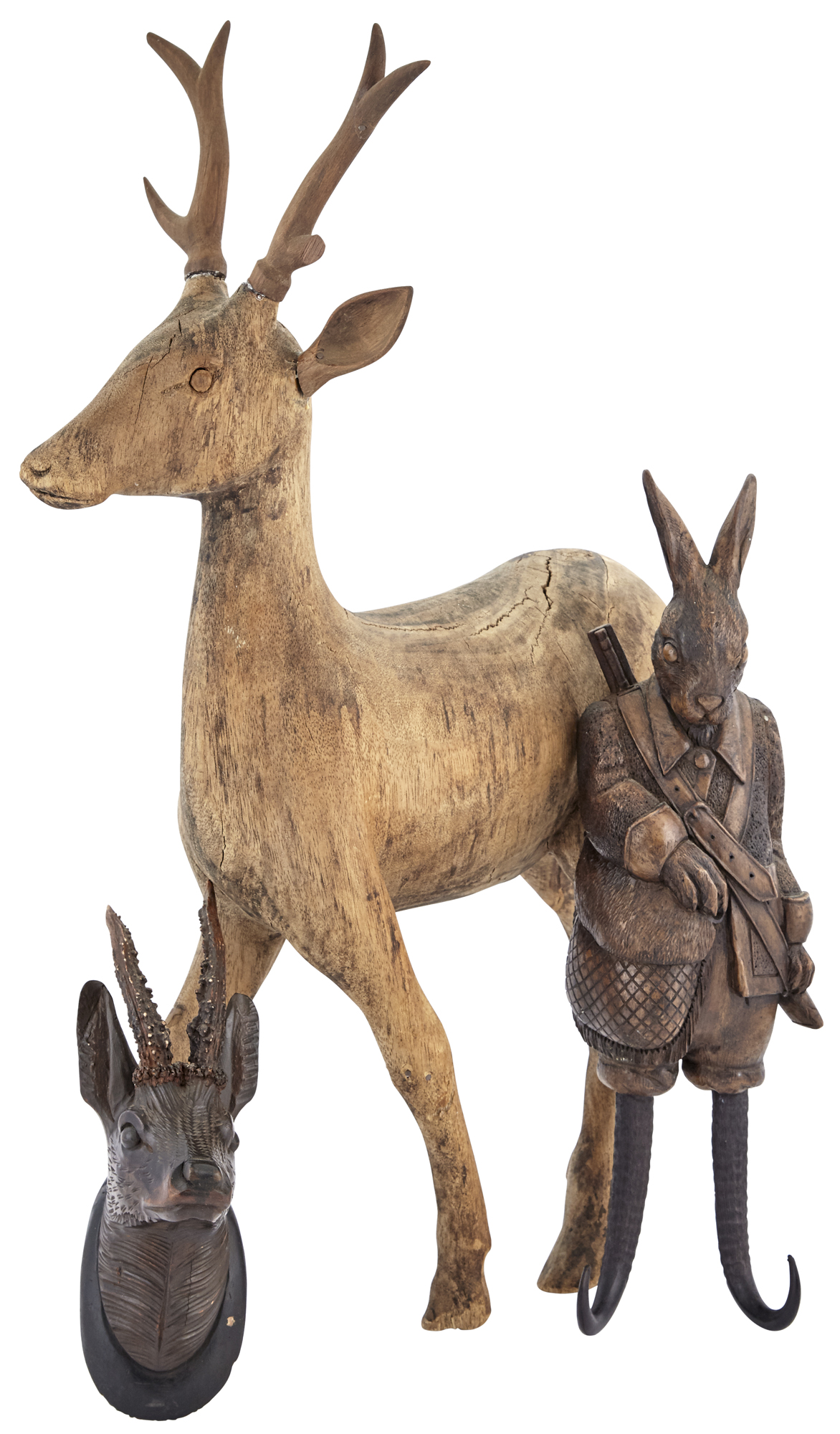 Lot image - Carved Wood Rabbit-Form and Antler Hook