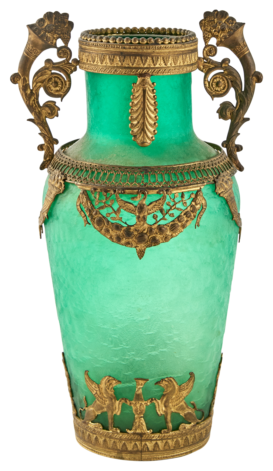 Lot image - Continental Gilt-Metal Mounted Acid-Etched Glass Two-Handled Vase