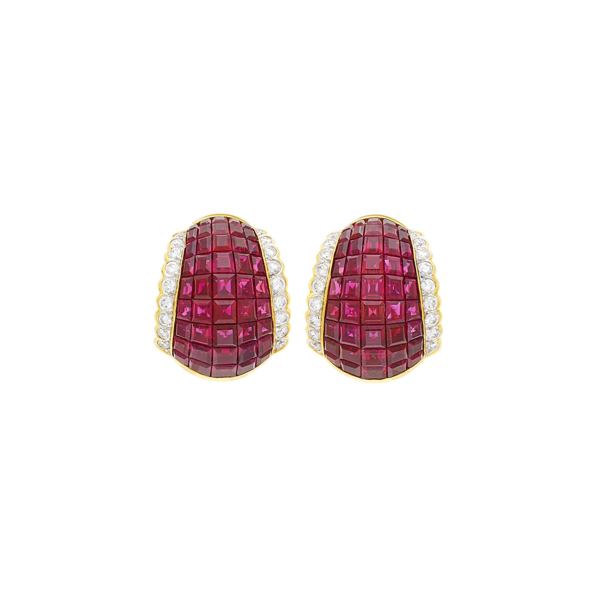 Lot image - Pair of Gold, Invisibly-Set Ruby and Diamond Bombé Earclips