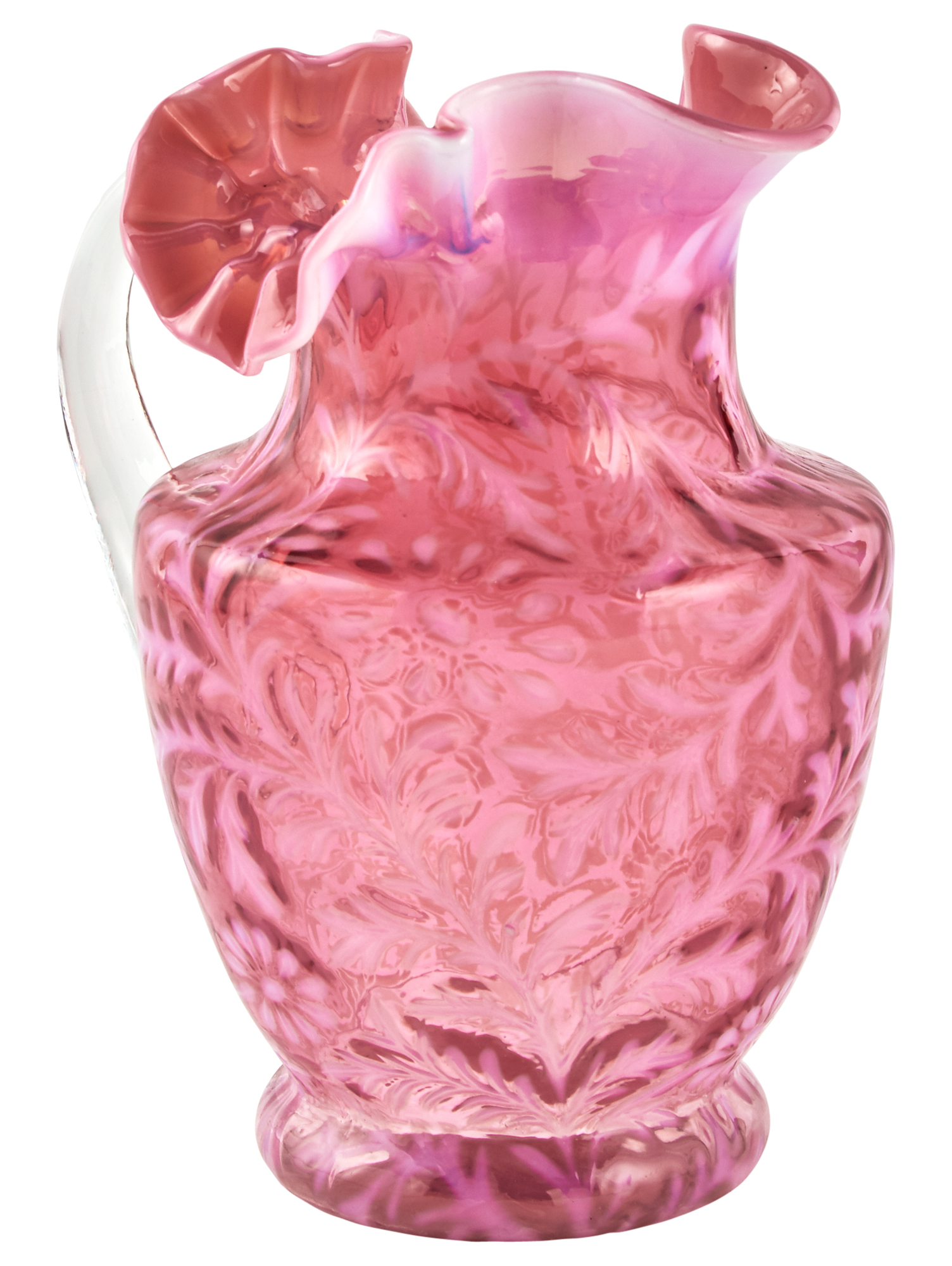 Lot image - Opalescent and Cranberry Mold-Blown Glass Pitcher