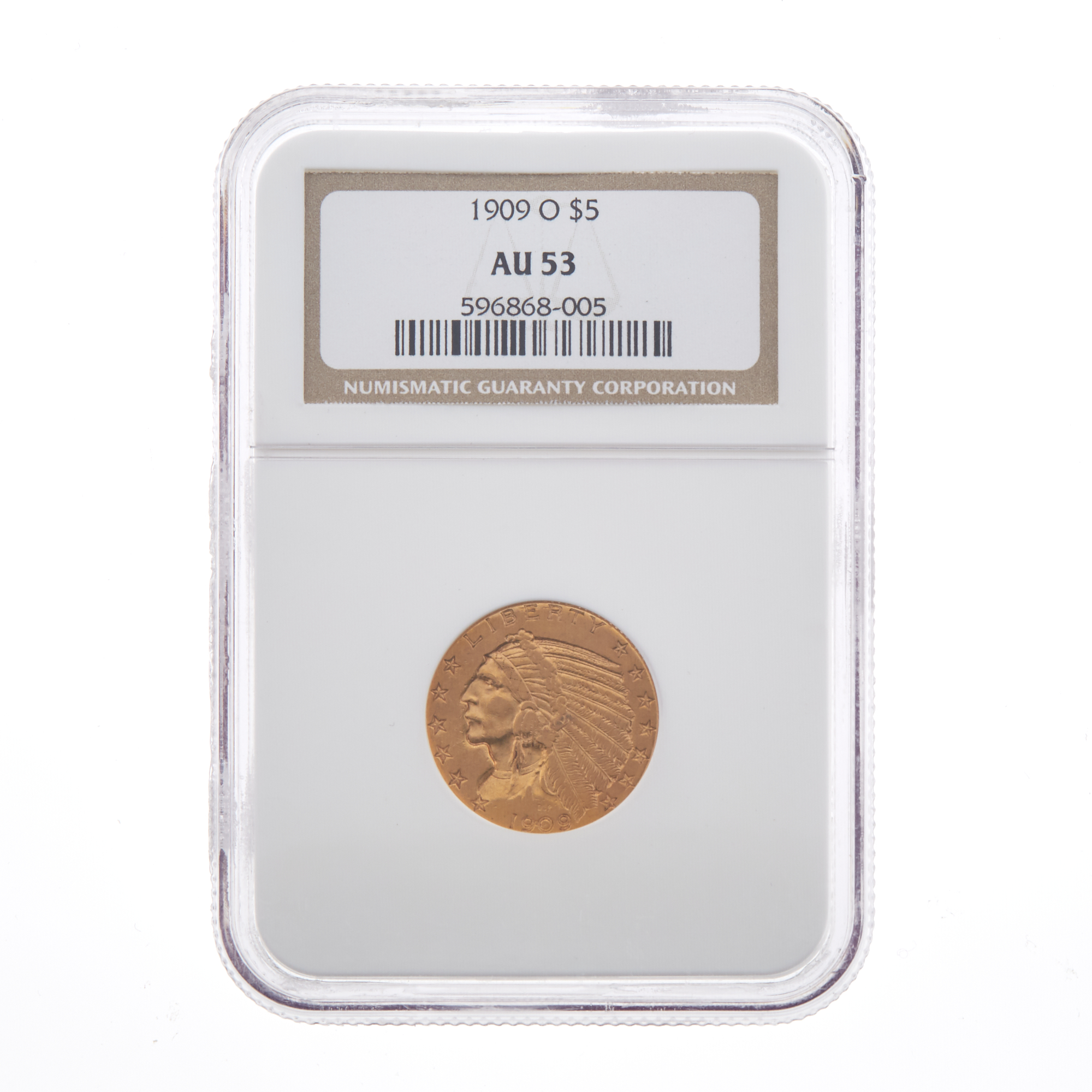 Lot image - United States 1909-O $5 Key Date Indian Head Half Eagle NGC AU53