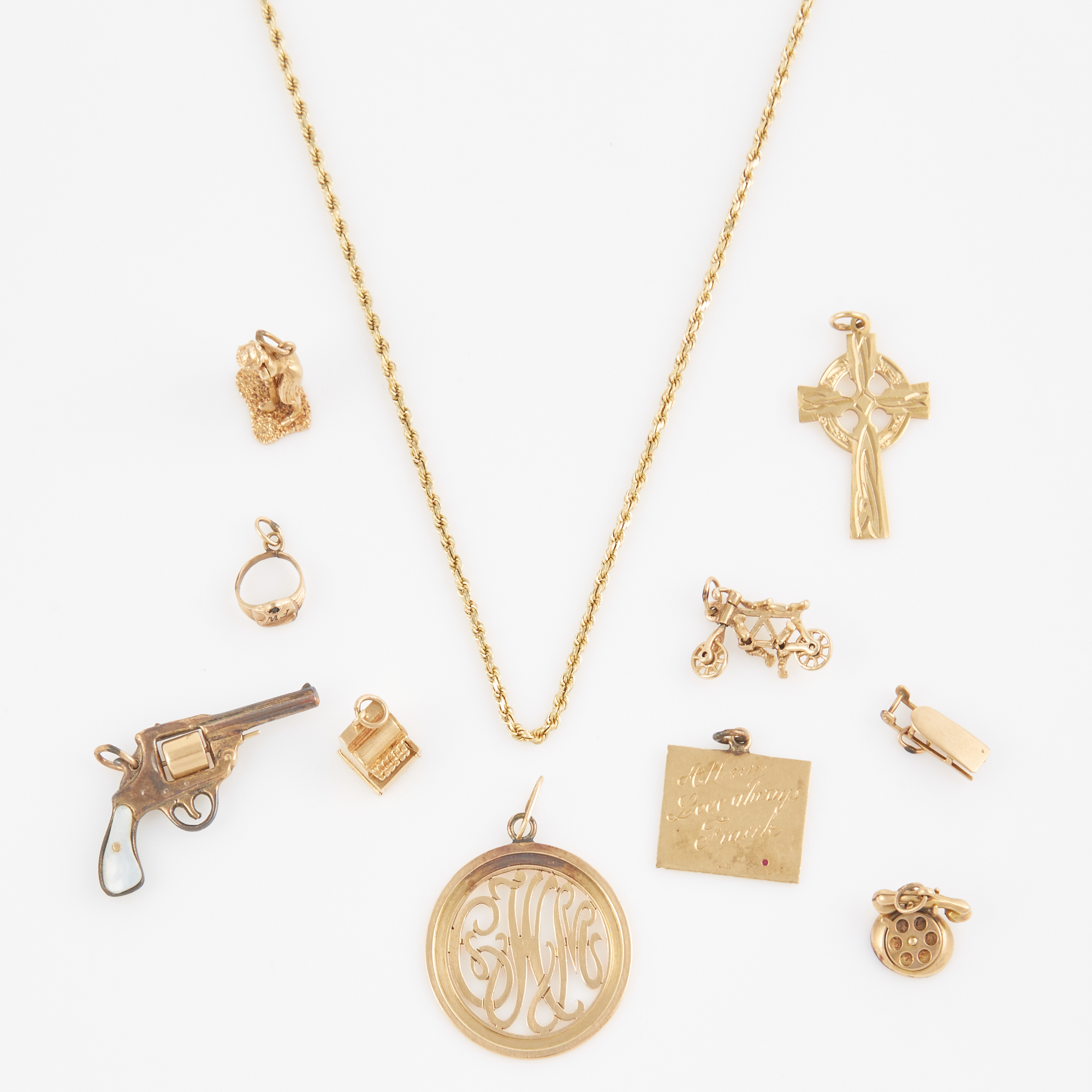 Lot image - Nine Gold and Stone Charms, Pendant and Neck Chain, 14K and 10K 29 dwt. all