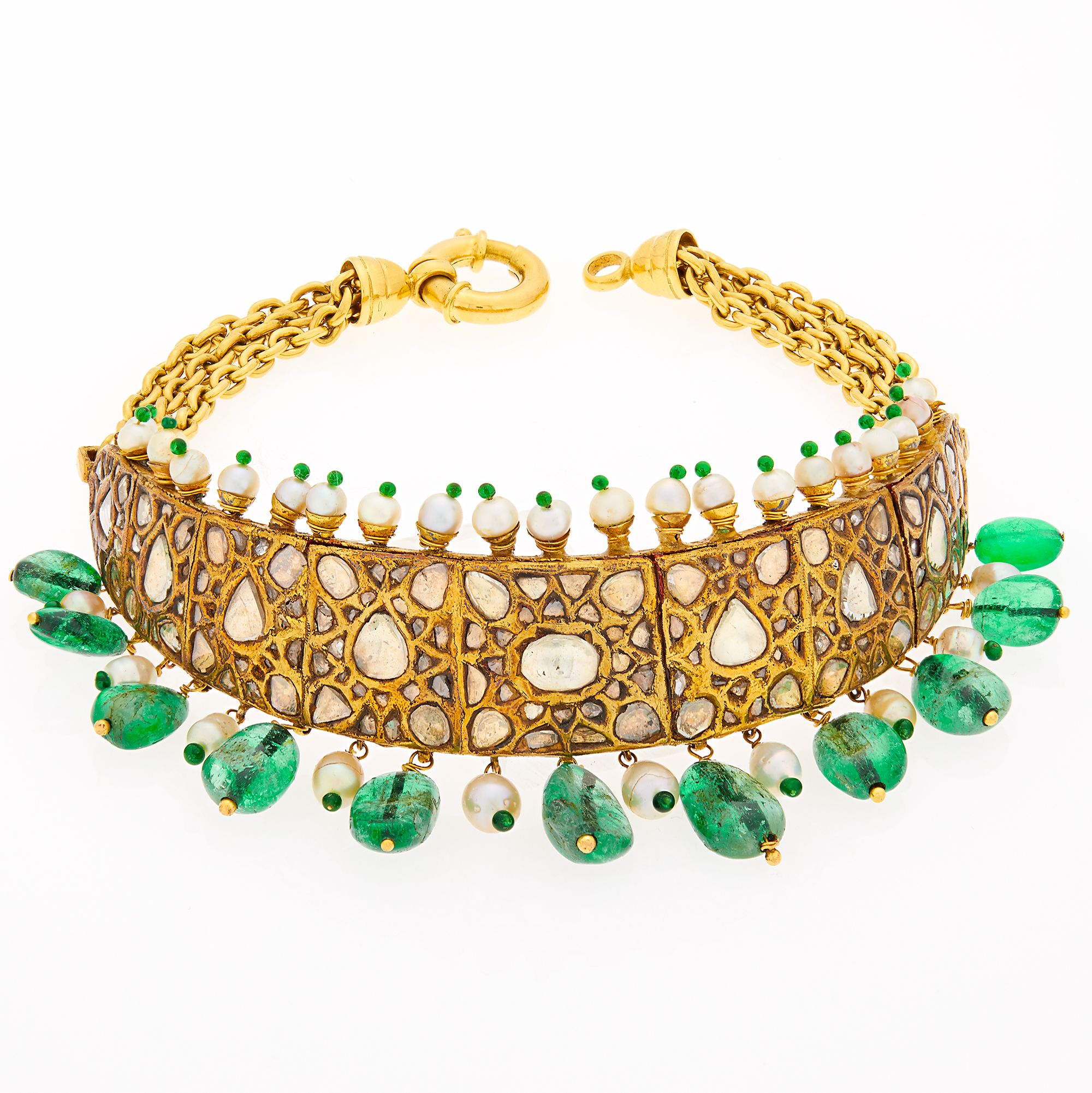Lot image - Indian Silver-Gilt, Gold, Emerald Bead, Freshwater Pearl and Foil-Backed Diamond Choker Necklace