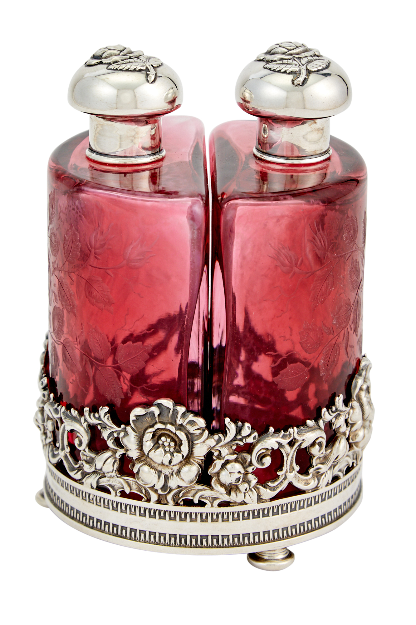 Lot image - Pair of American Sterling Silver Mounted Ruby Glass Scent Bottles in a Fitted Stand