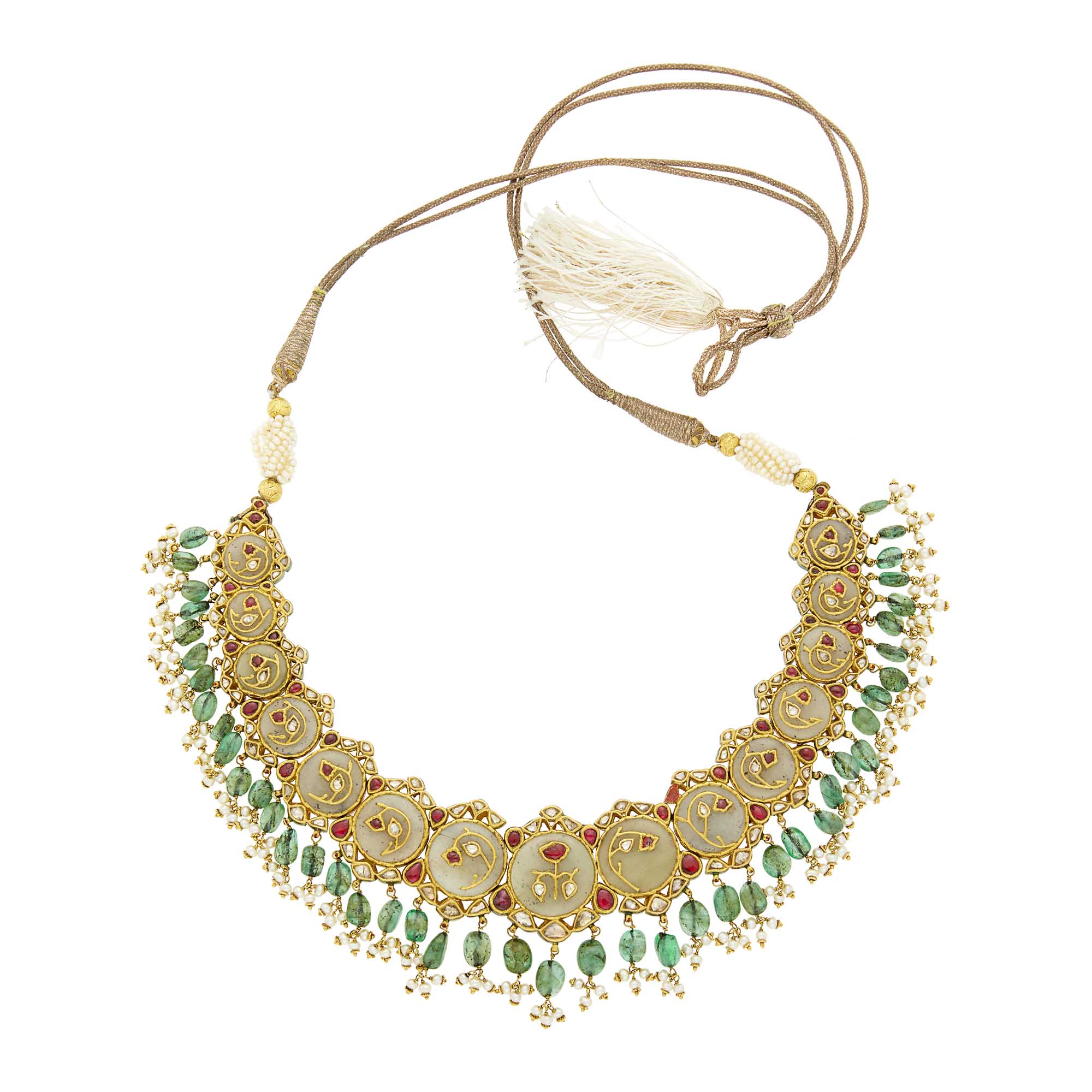 Lot image - Indian Gold, Jaipur Enamel, Nephrite, Foil-Backed Ruby and Diamond, Emerald Bead and Freshwater Pearl Fringe Necklace