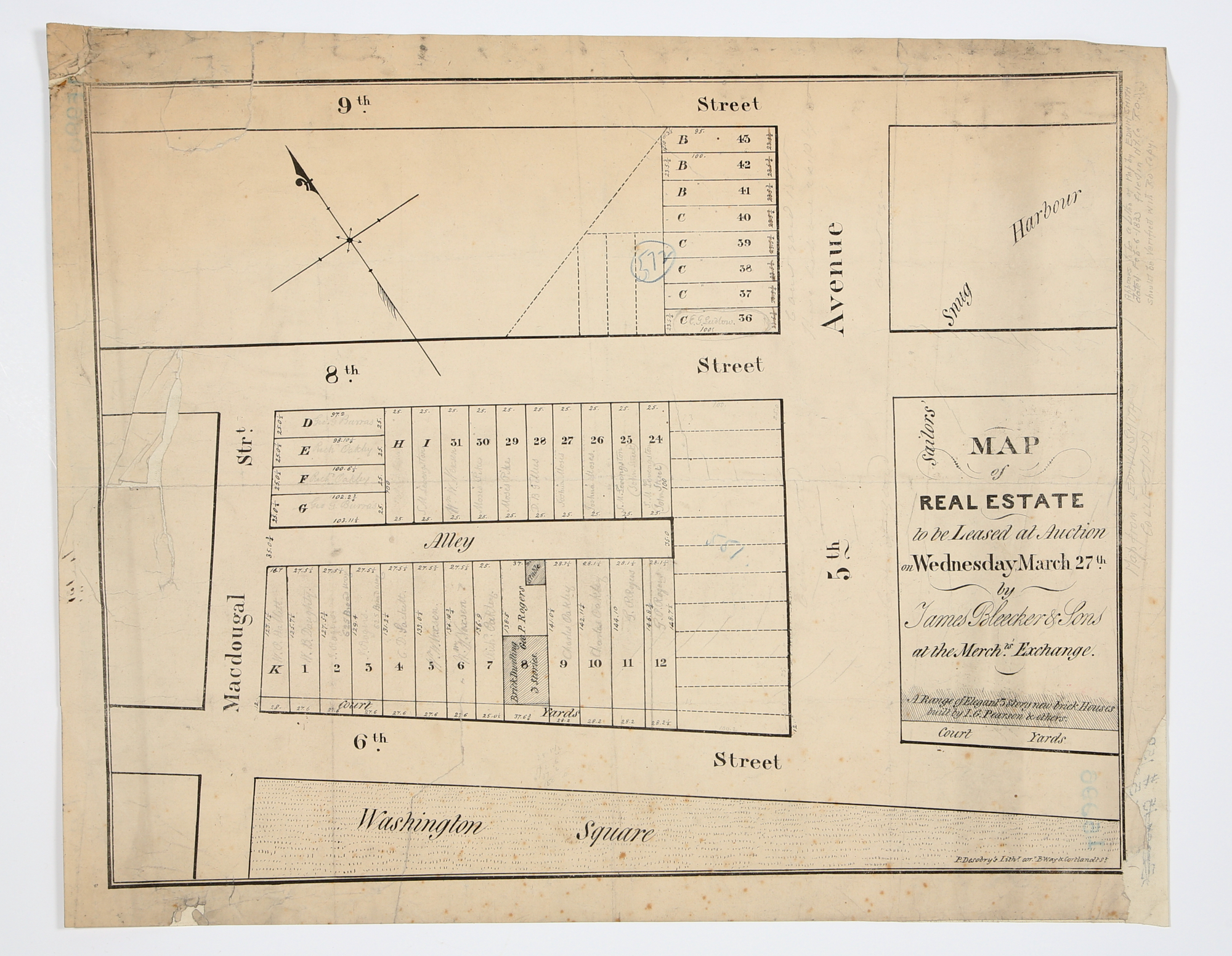 Lot image - [AUCTION MAP - GREENWICH VILLAGE]  BLEECKER & SONS, JAMES. Map of Real Estate to be Leased at Auction on Wednesday, March 27th... at the Merch[an]ts Exchange. A Range of Elegant 3 Story new brick Houses built by I. G. Pearson & Others.