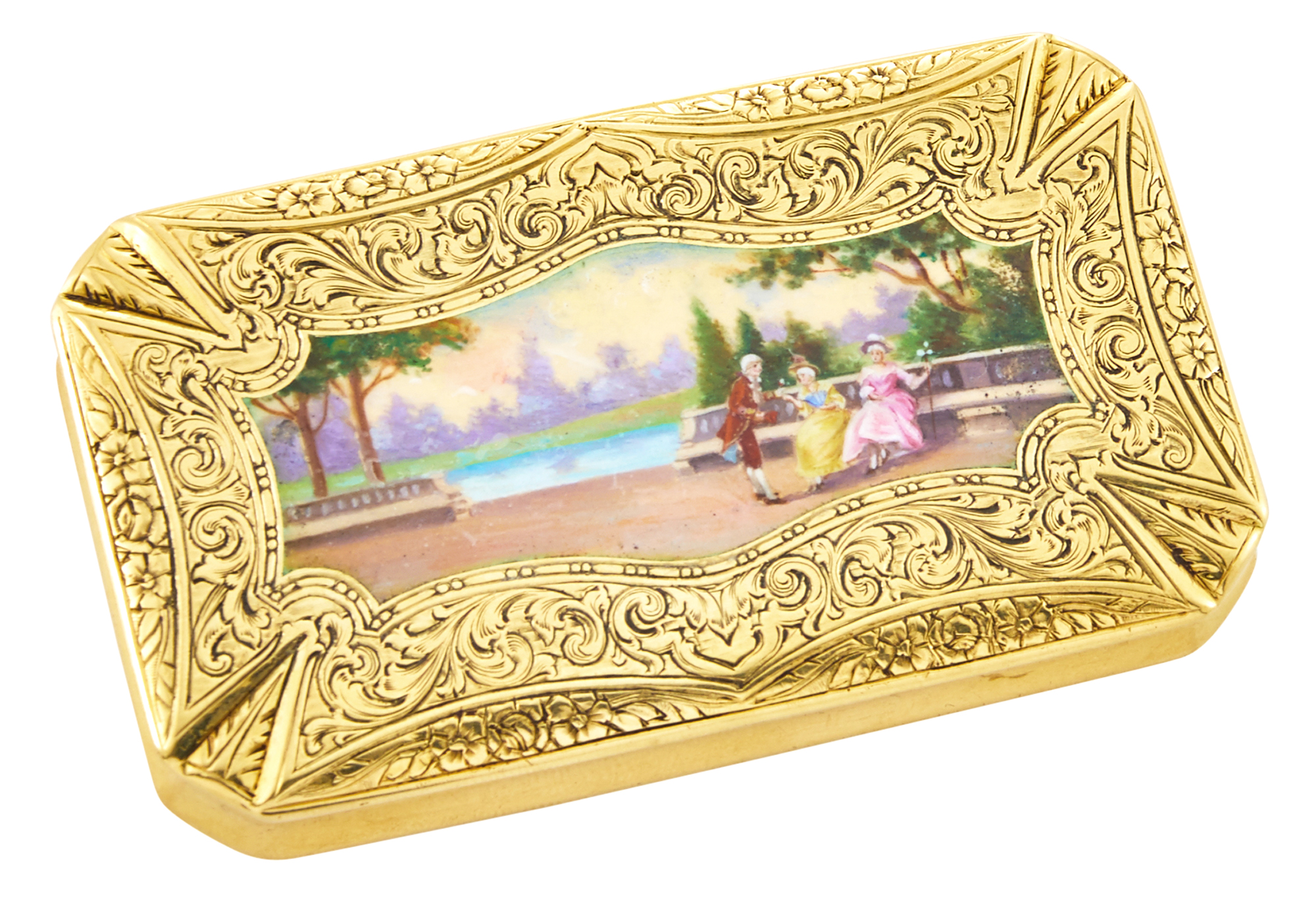 Lot image - Continental 14K Gold and En Plein Enamel Snuff Box