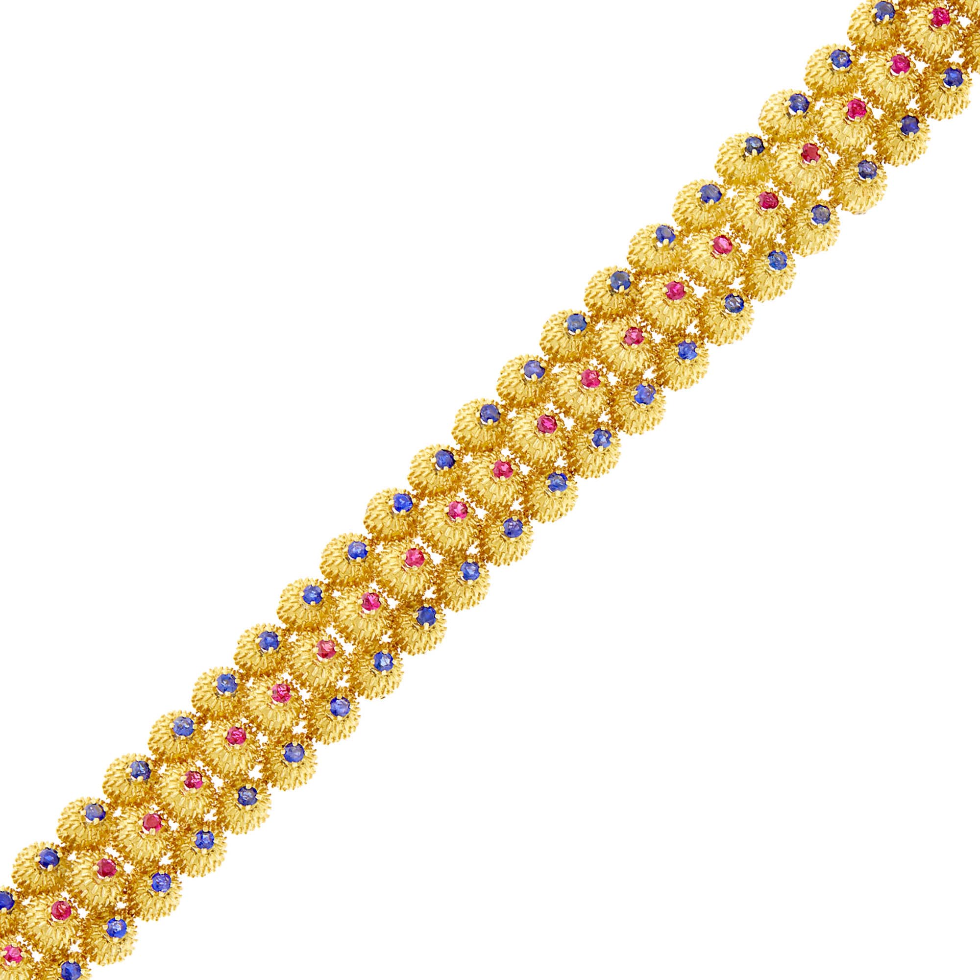 Lot image - Tiffany & Co. Three Row Gold, Ruby and Sapphire Bracelet