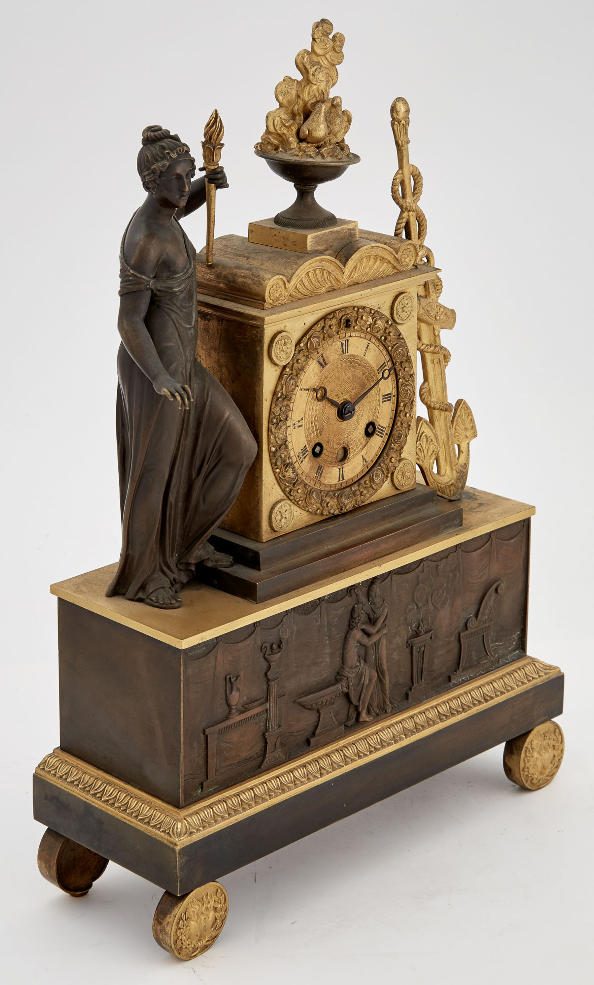 Lot image - Empire Style Gilt and Patinated Metal Figural Mantel Clock